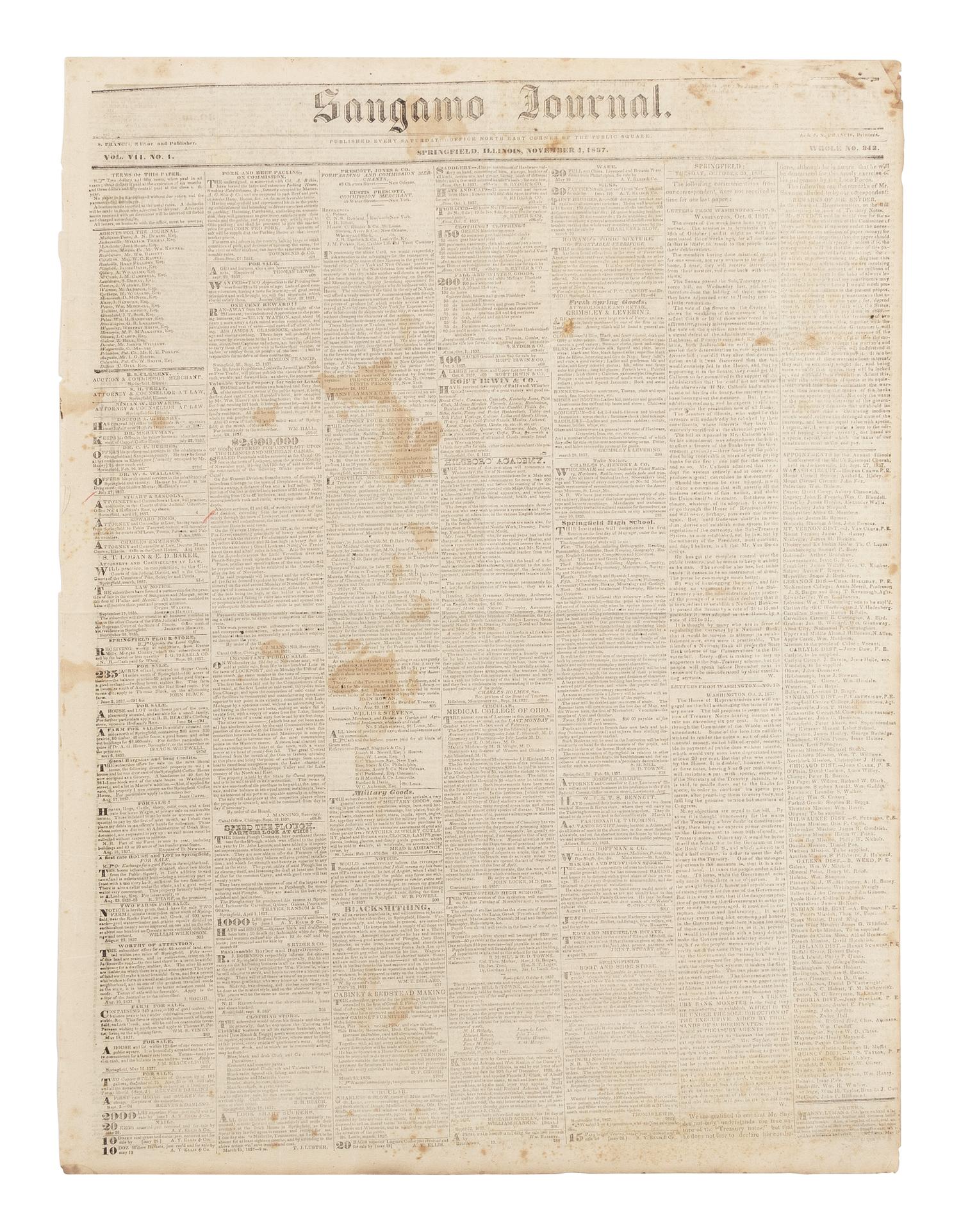 [LINCOLN, Abraham (1809-1865)]. Sangamo Journal . Vol. VII, No. 1. Springfield, Illinois, 4 November 1837.