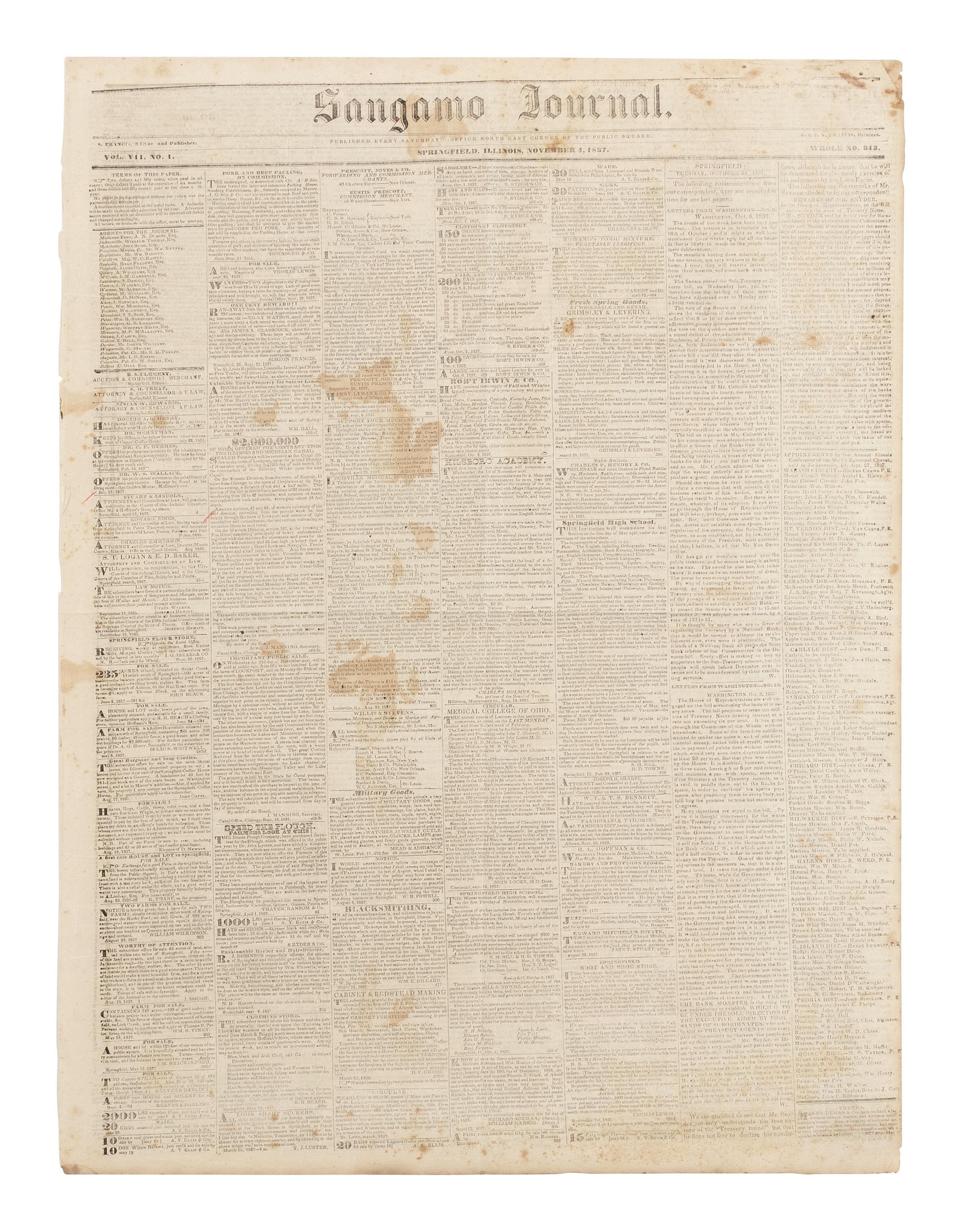 [LINCOLN, Abraham (1809-1865)]. Sangamo Journal . Vol. VII, No. 1. Springfield, Illinois, 4 November 1837.