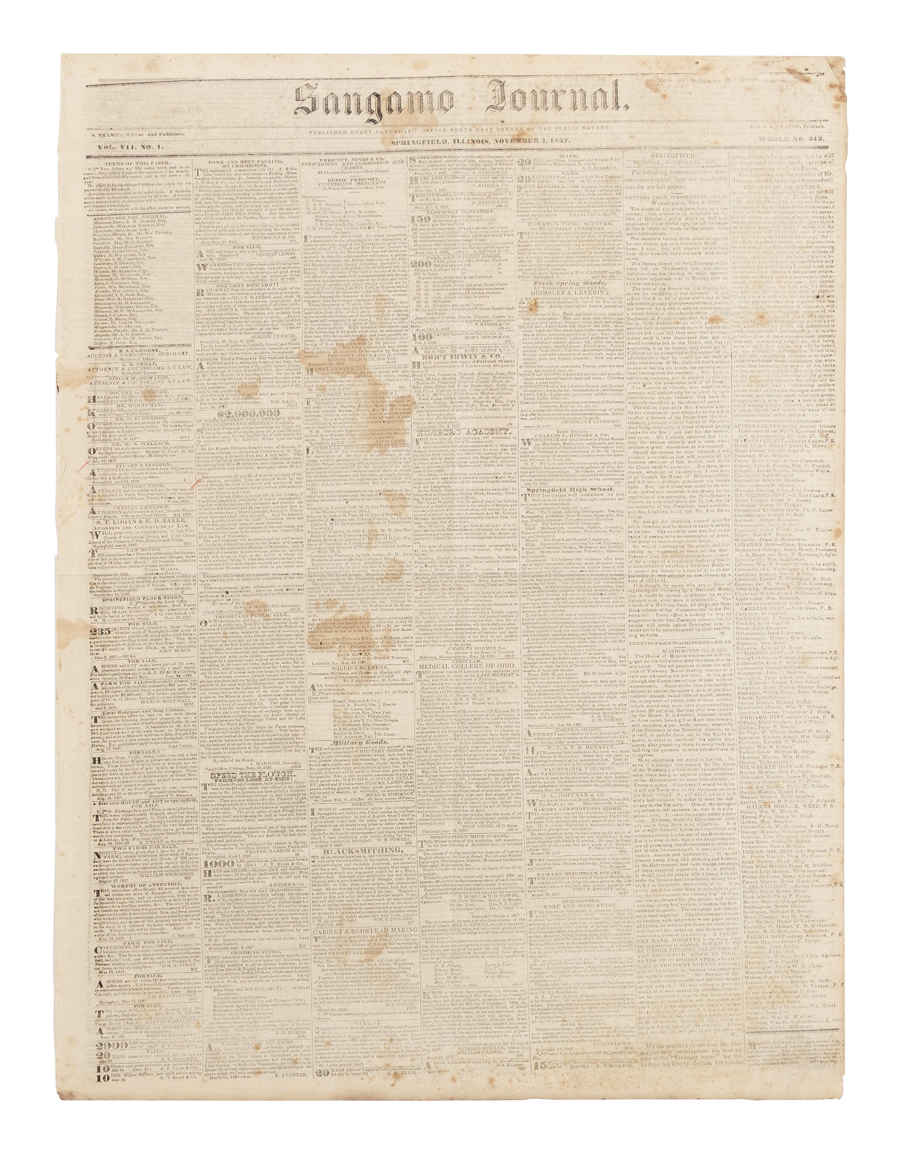 [LINCOLN, Abraham (1809-1865)]. Sangamo Journal . Vol. VII, No. 1. Springfield, Illinois, 4 November 1837.