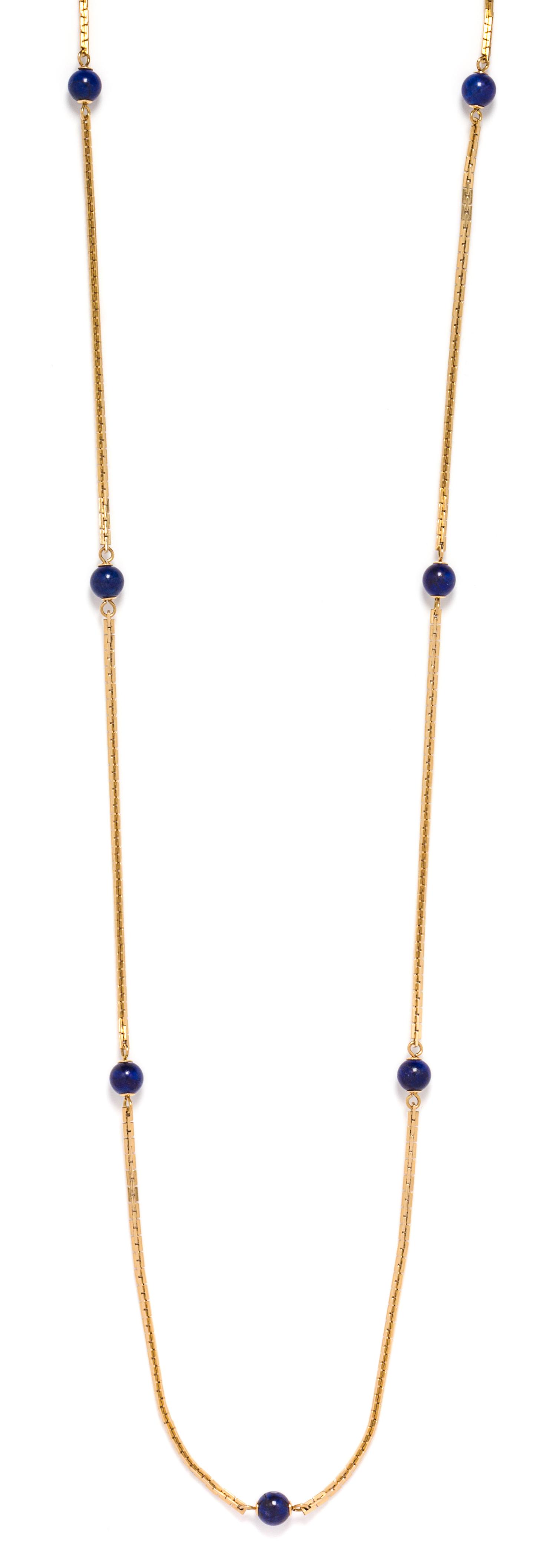 A Yellow Gold and Lapis Lazuli Longchain Necklace, 13.80 dwts.