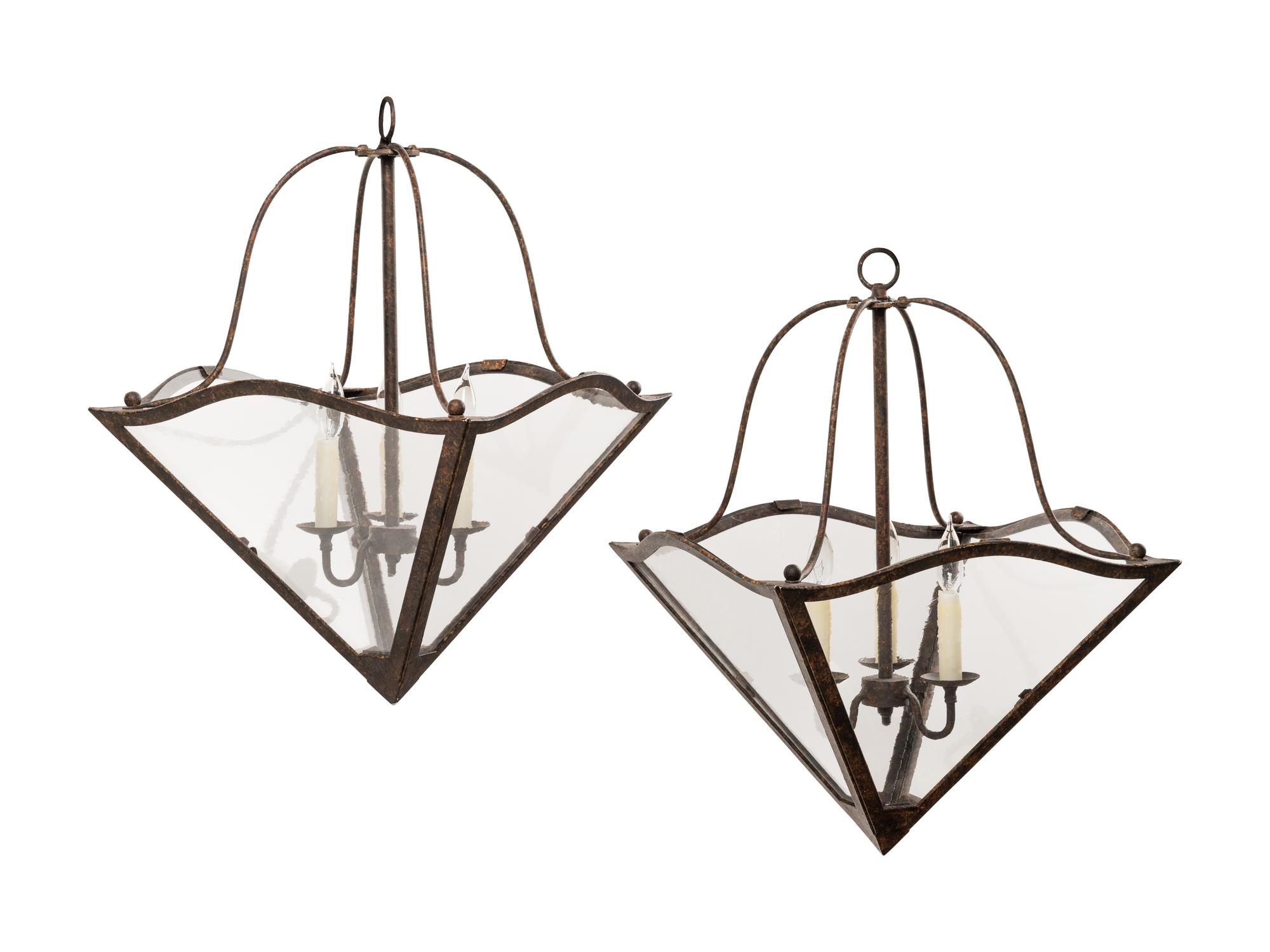 A Pair of Triangular Iron Hall Lanterns