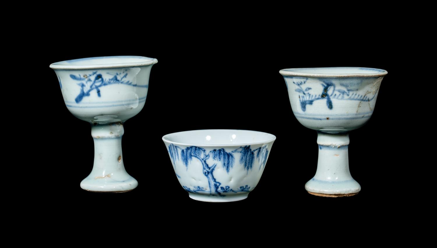 Three Chinese Blue and White Porcelain Cups