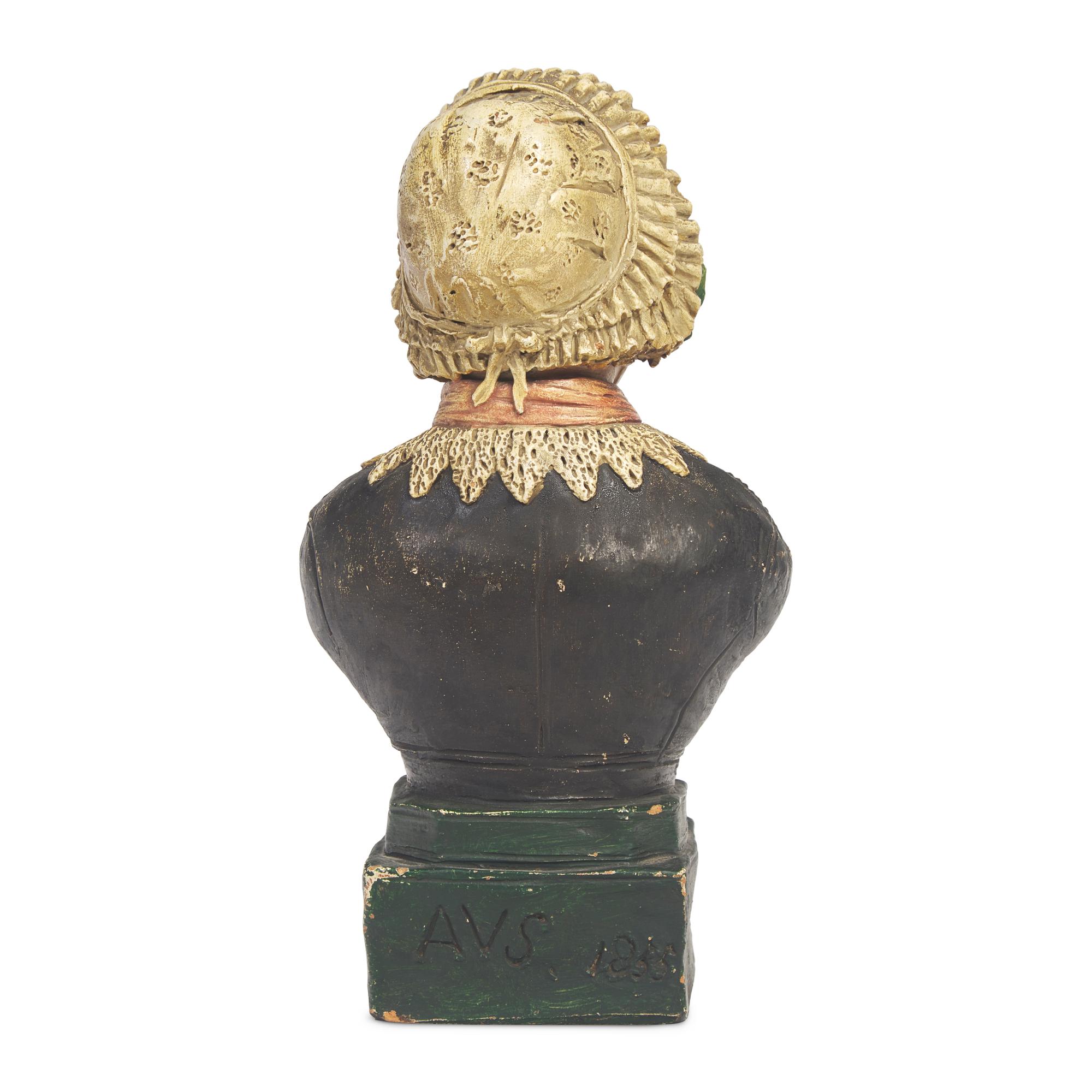 American School 19th Century, A Painted Terracotta Bust of a Lady in Bonnet