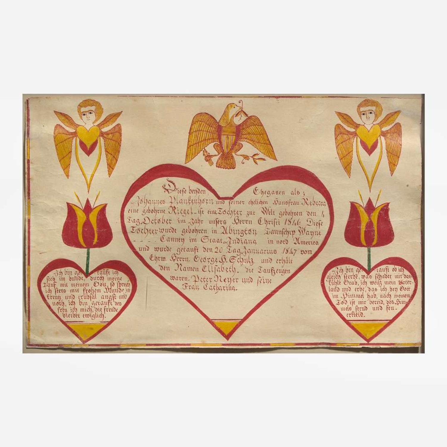 A Fraktur birth and baptism record for Elizabeth Plankenhorn (1846-1932) Wayne County, Indiana, dated "1847"