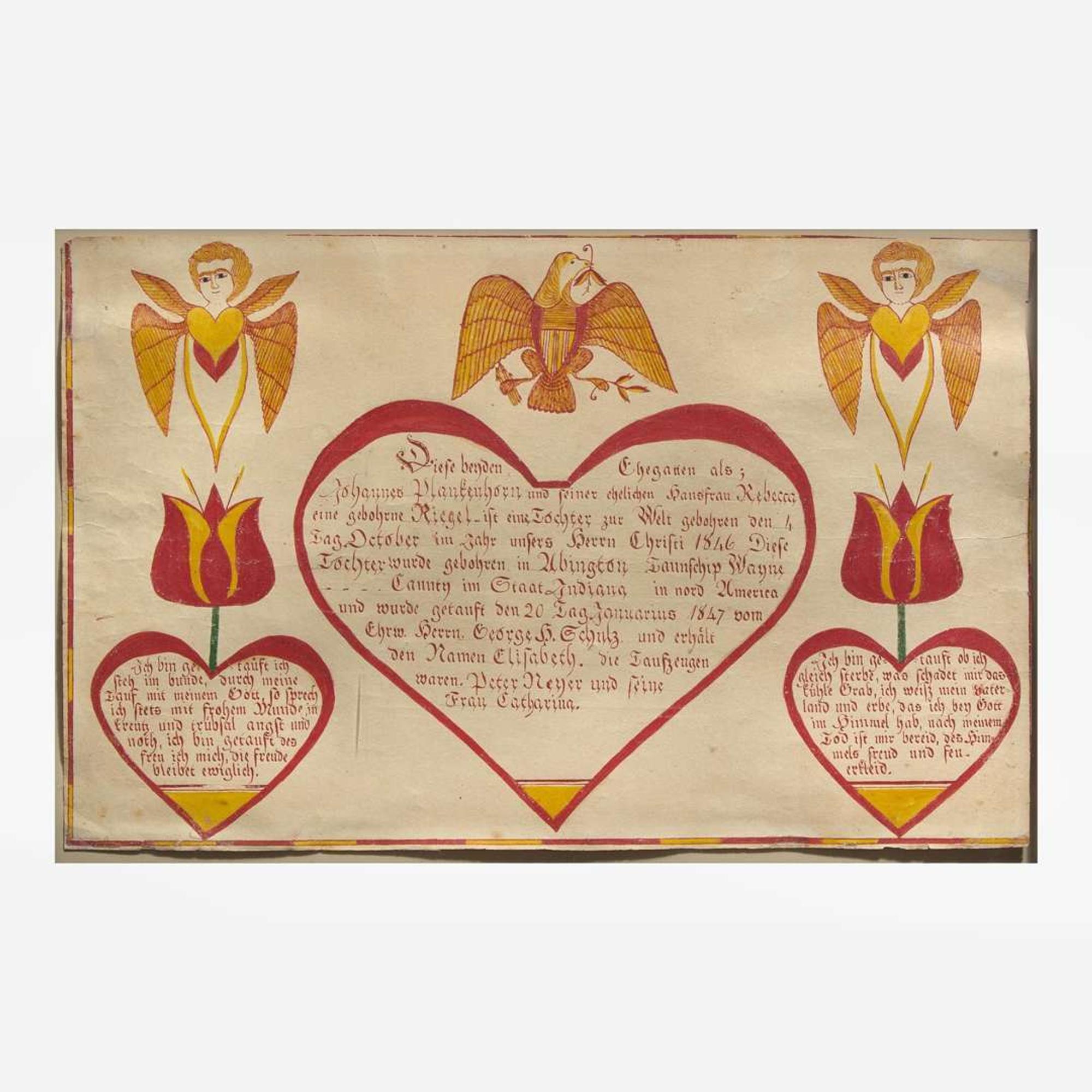 A Fraktur birth and baptism record for Elizabeth Plankenhorn (1846-1932) Wayne County, Indiana, dated "1847"