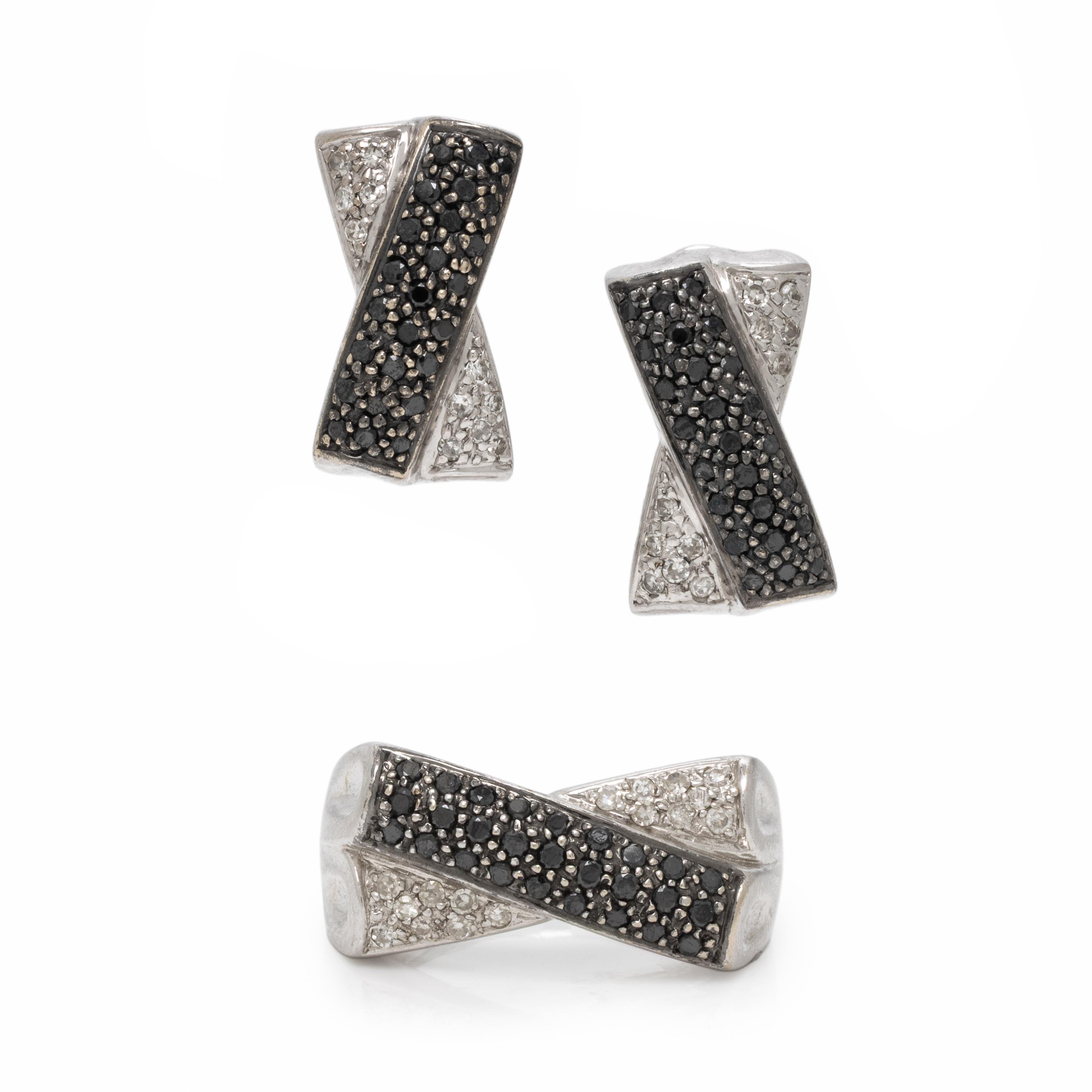 Diamond, Black Diamond, and White Gold Earrings and Ring