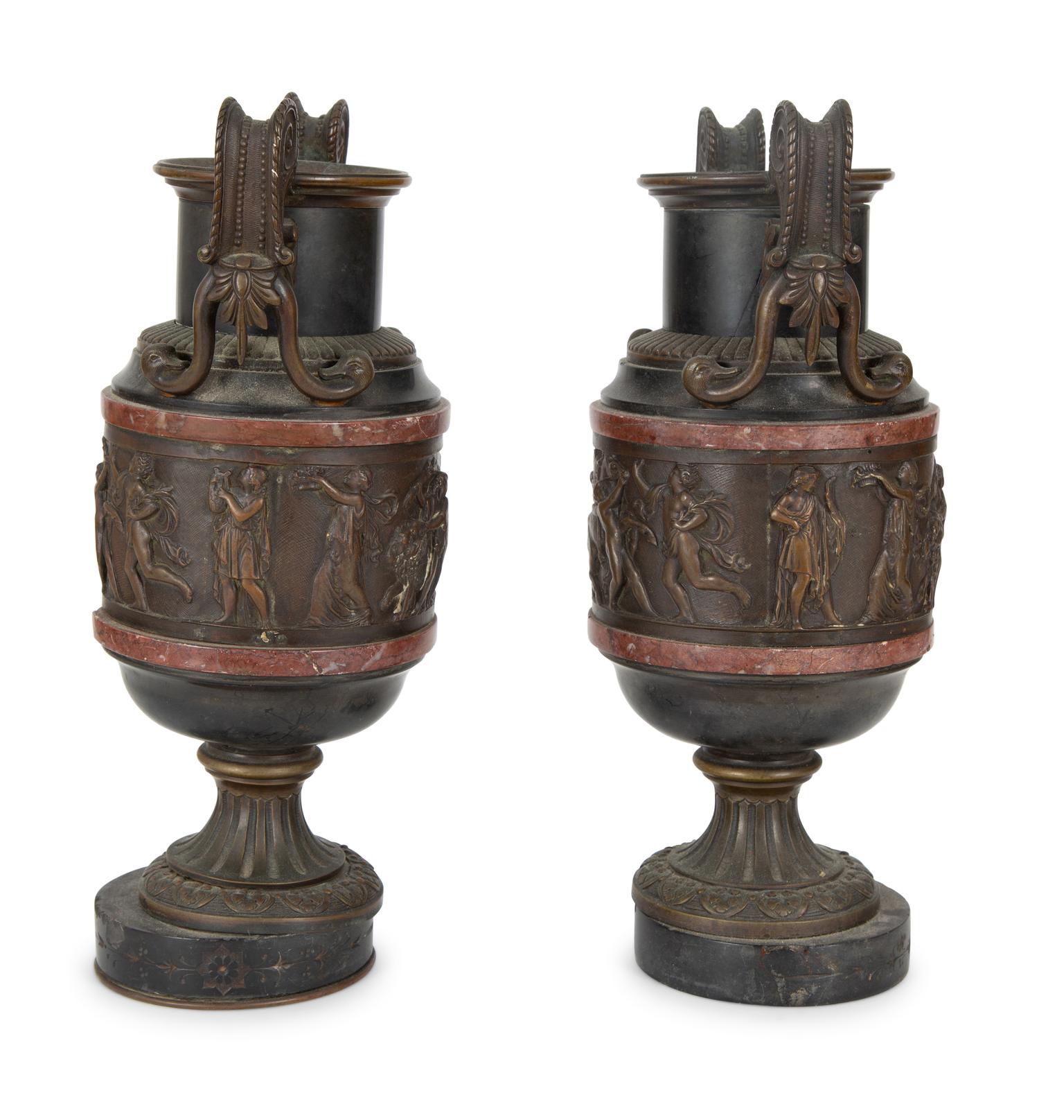 A Pair of Continental Bronze Urns with Rouge Marble Banding — 19TH/20TH CENTURY