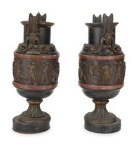 A Pair of Continental Bronze Urns with Rouge Marble Banding — 19TH/20TH CENTURY