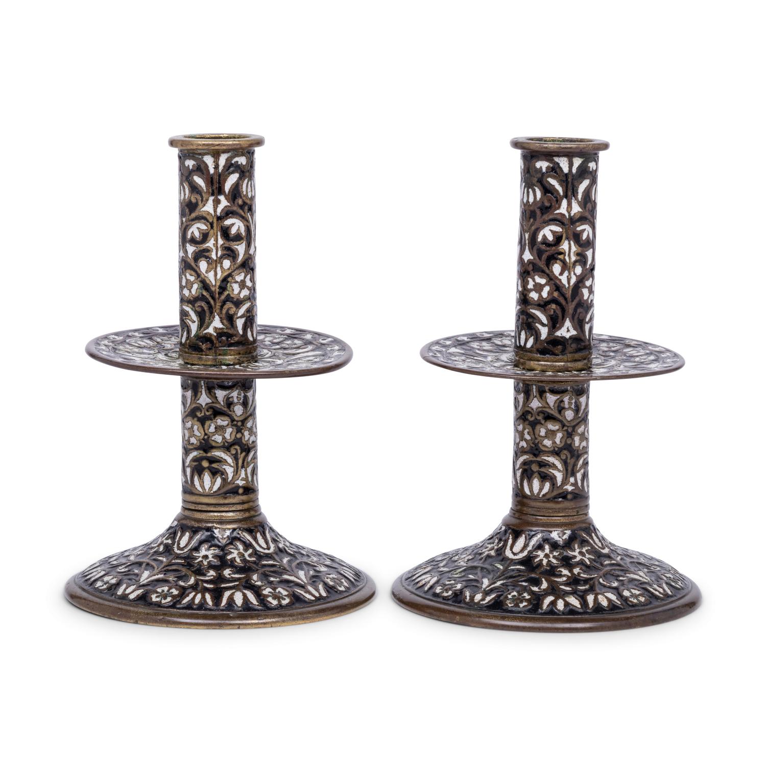 A Pair of Cast Brass 'Surrey Enamel' Candlesticks
