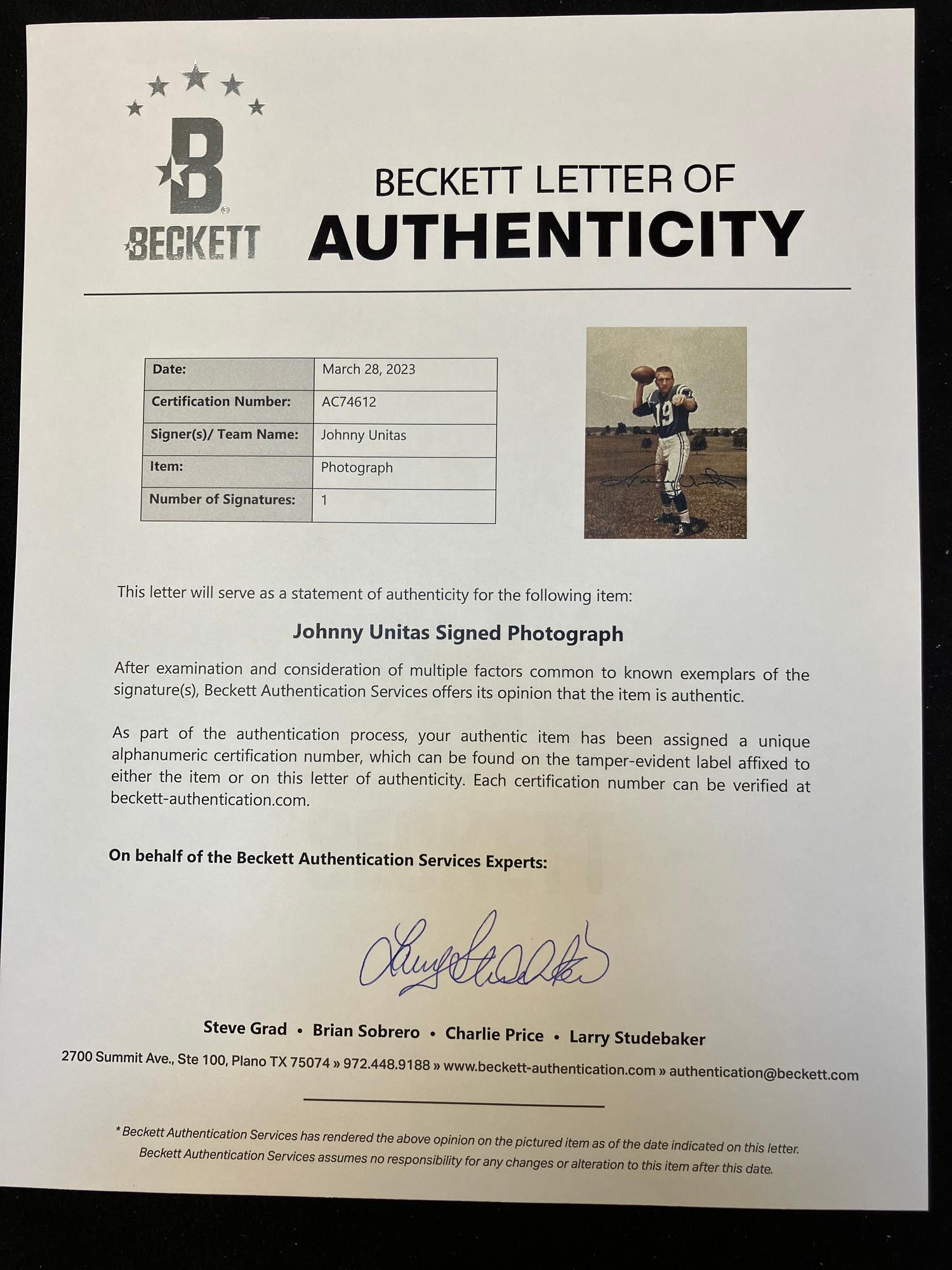 A Group of Johnny Unitas and Bart Starr Signed Autograph Photographs (Beckett Authentication Services Letters),