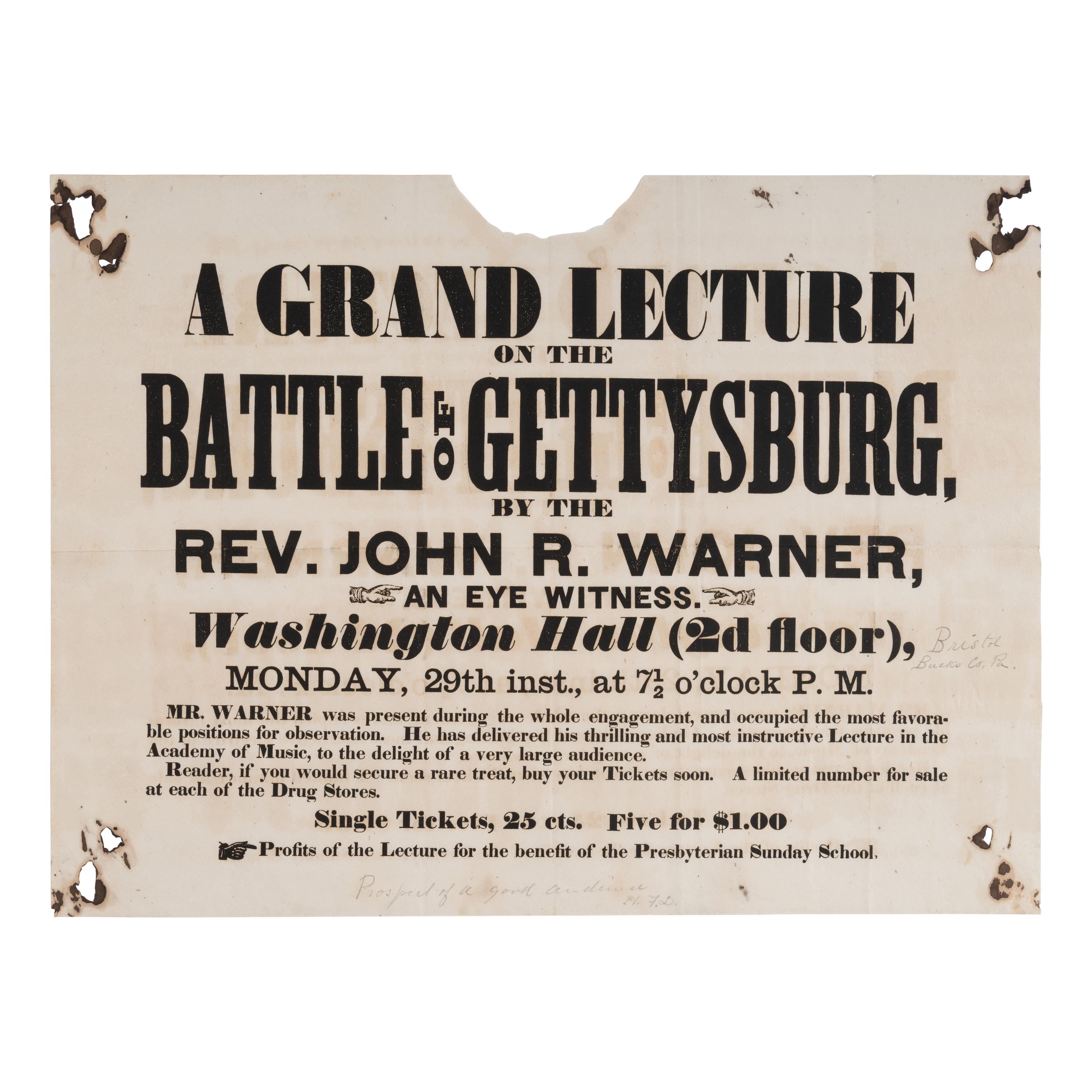 [Civil War - Gettysburg]. Warner, John Riddle (1827-1894). Autograph letter signed ("John R.W.") to General George Meade, [Gettysburg, PA, ca 1863].