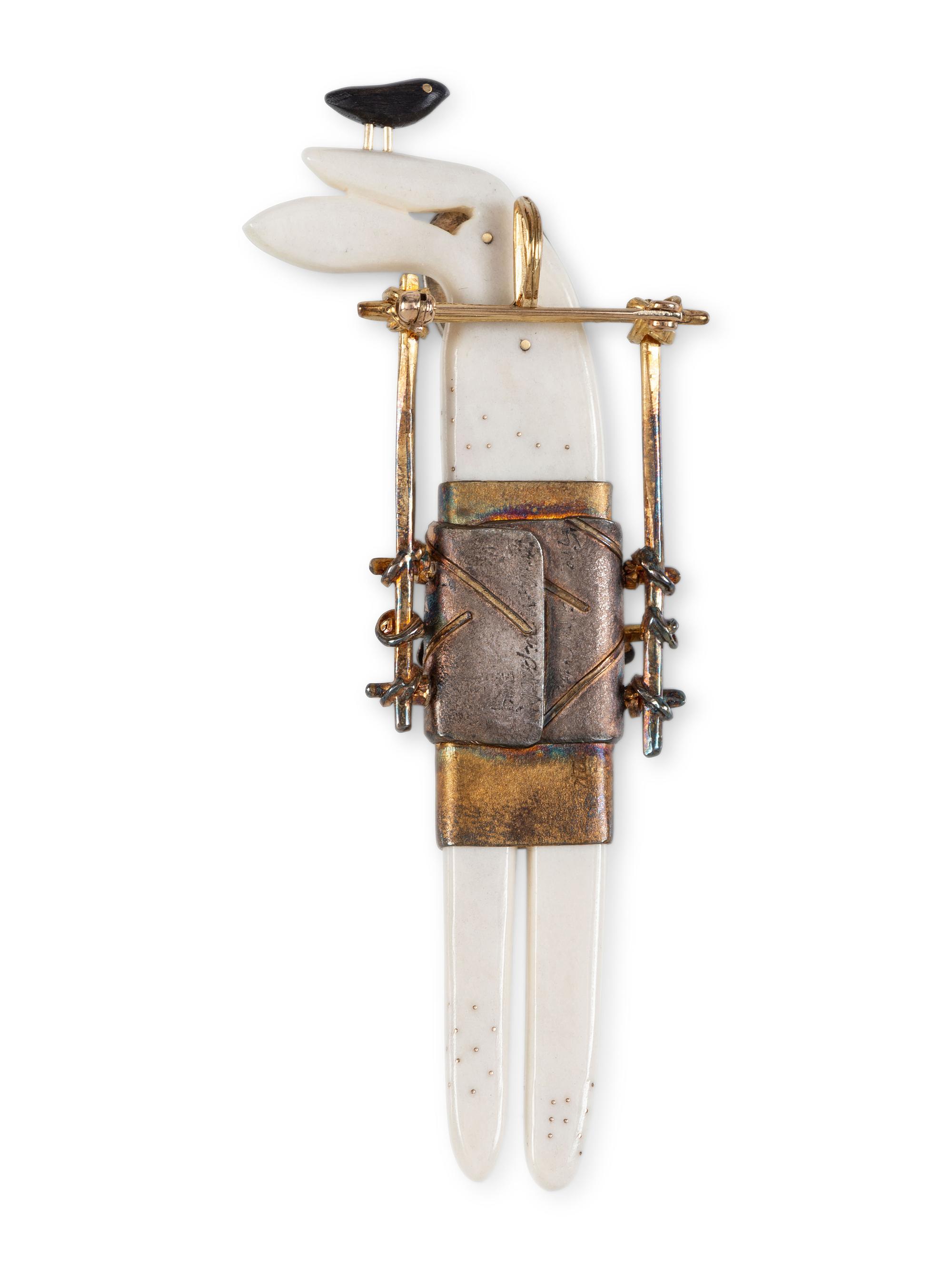 Aleutian-style 18K and 22K Gold Mixed Media Transforming Rabbit Figural Pendant / Pin