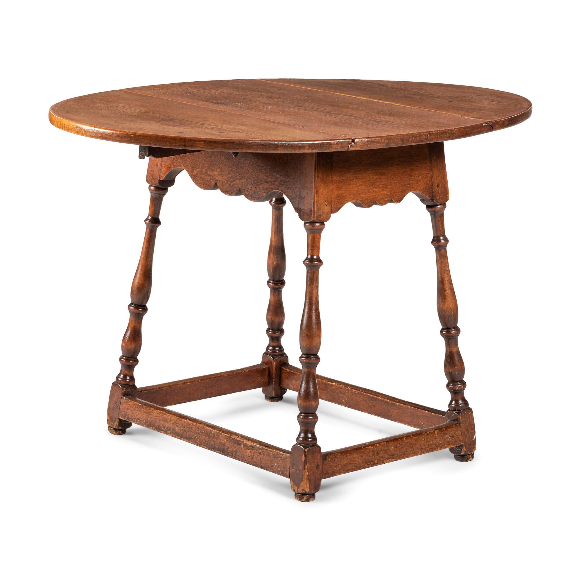 A William and Mary Carved and Turned Pine and Maple Drop-Leaf Splayed Leg Tavern Table