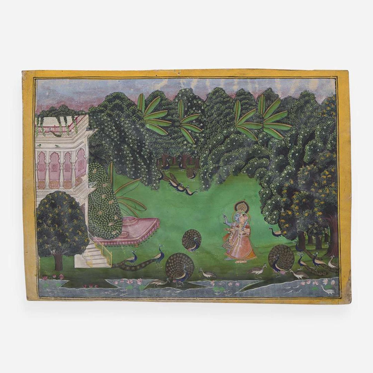 Two Rajasthani miniature paintings depicting Krishna 印度袖珍画两幅 19th century ????