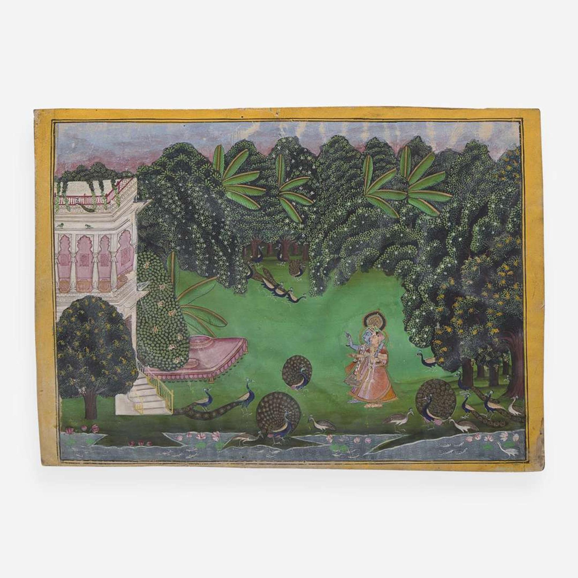 Two Rajasthani miniature paintings depicting Krishna 印度袖珍画两幅 19th century ????