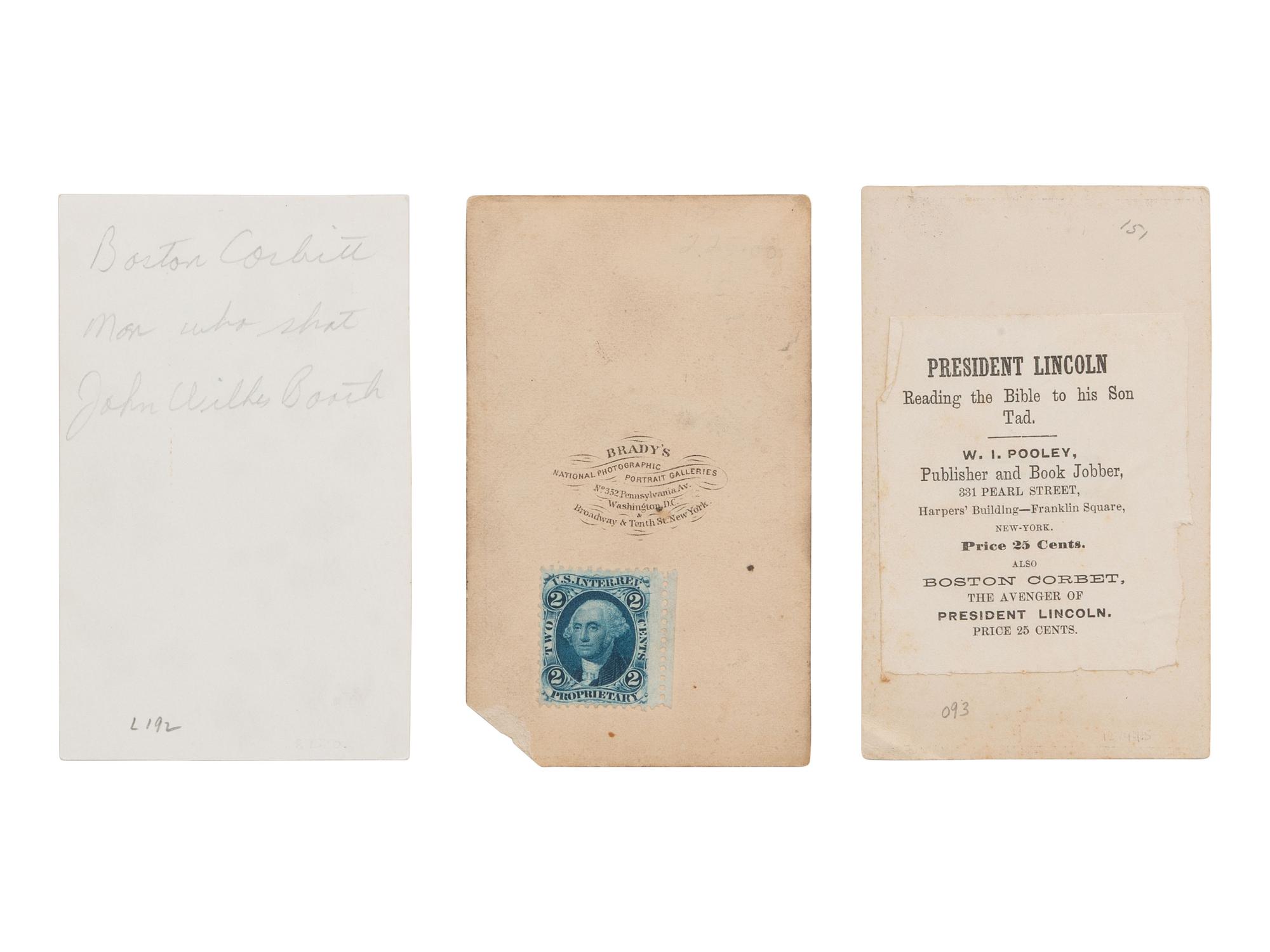 [LINCOLNIANA]. 3 CDVs related to Boston Corbett, killer of John Wilkes Booth.