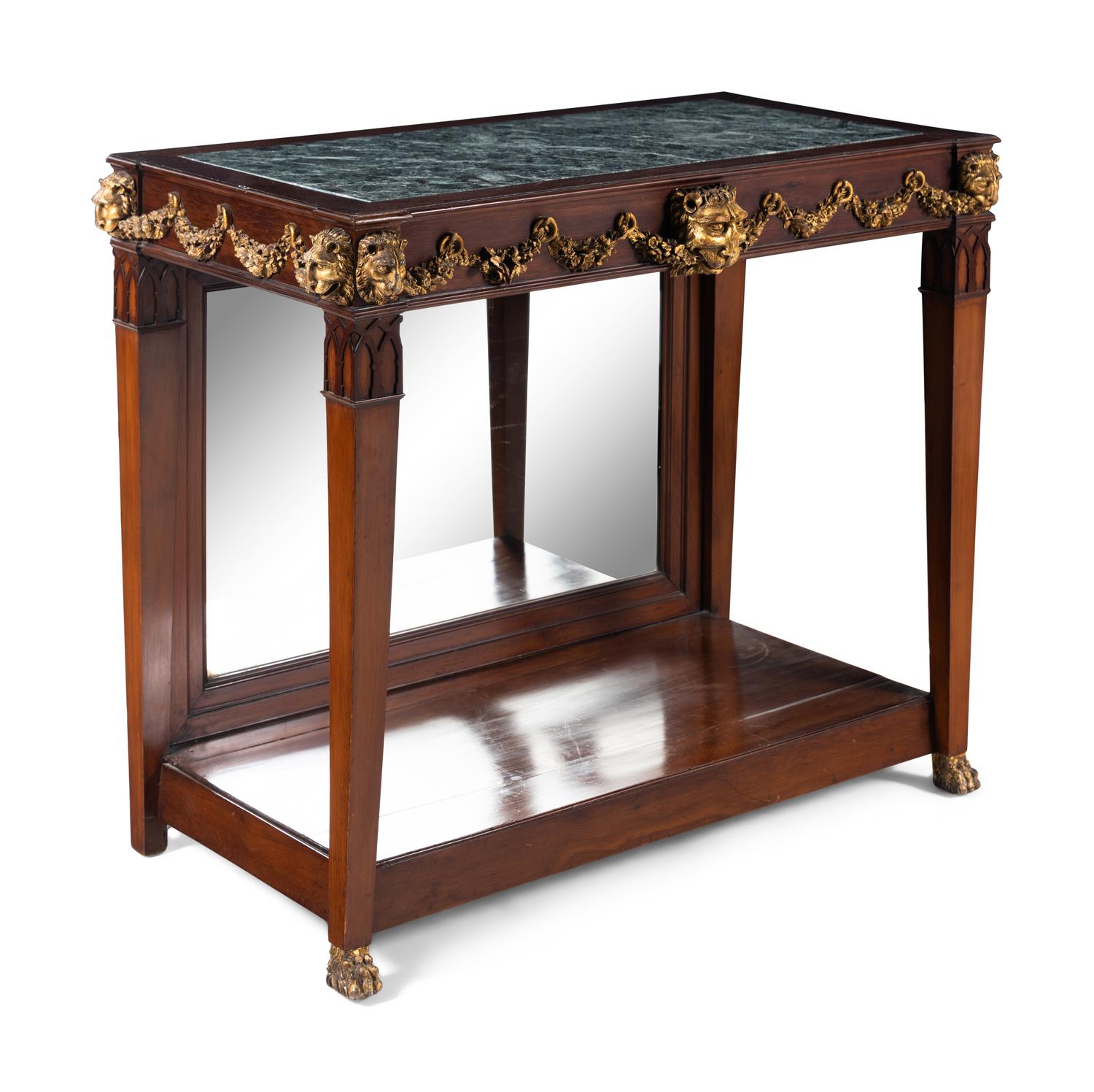 A Pair of Portuguese Gilt Bronze Mounted and Marble-Inset Mahogany Pier Tables