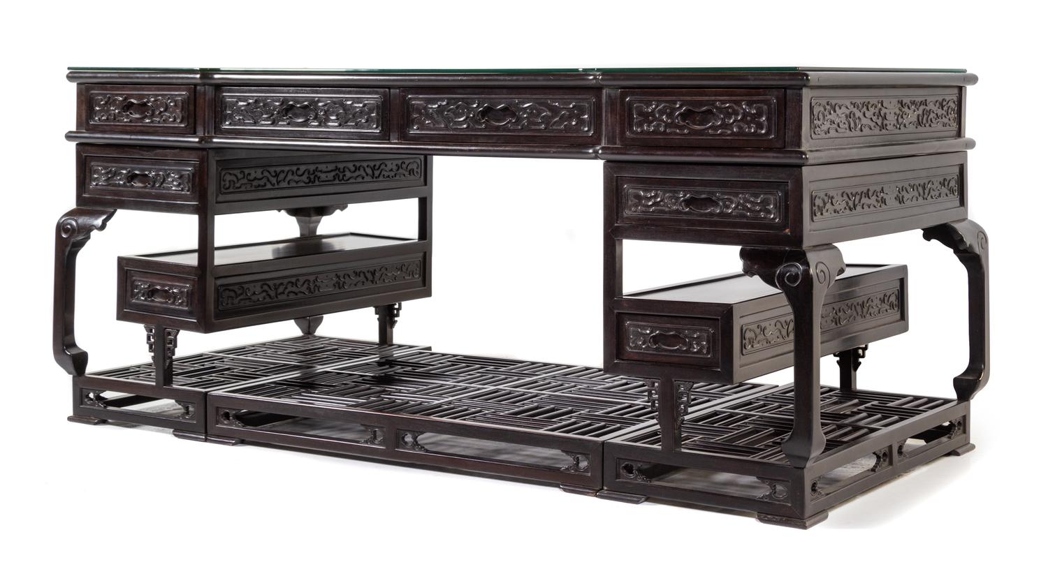 A Large Hardwood Writing Desk Height 32 1/2 x width 75 1/2 x depth 34 1/2 inches. — 19TH/EARLY 20TH CENTURY