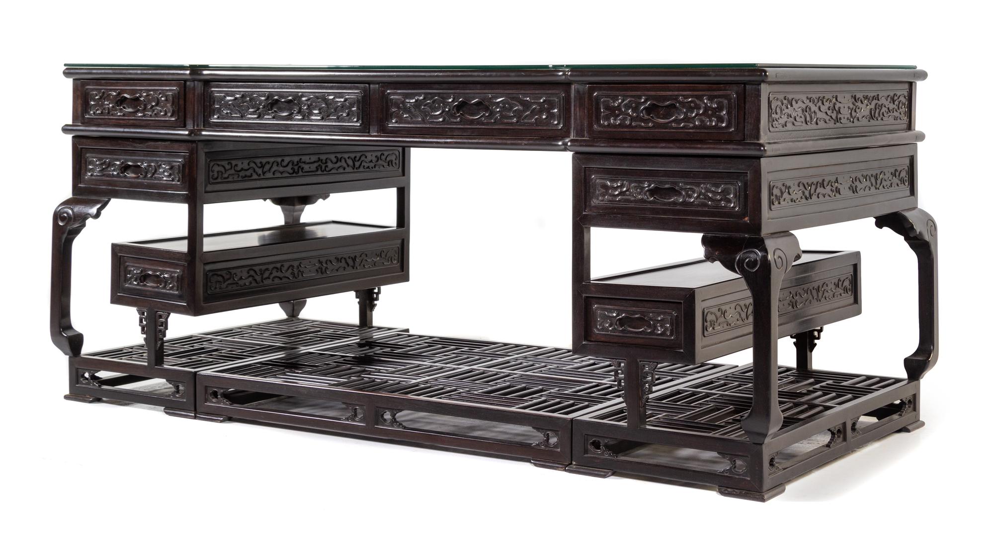 A Large Hardwood Writing Desk Height 32 1/2 x width 75 1/2 x depth 34 1/2 inches. — 19TH/EARLY 20TH CENTURY