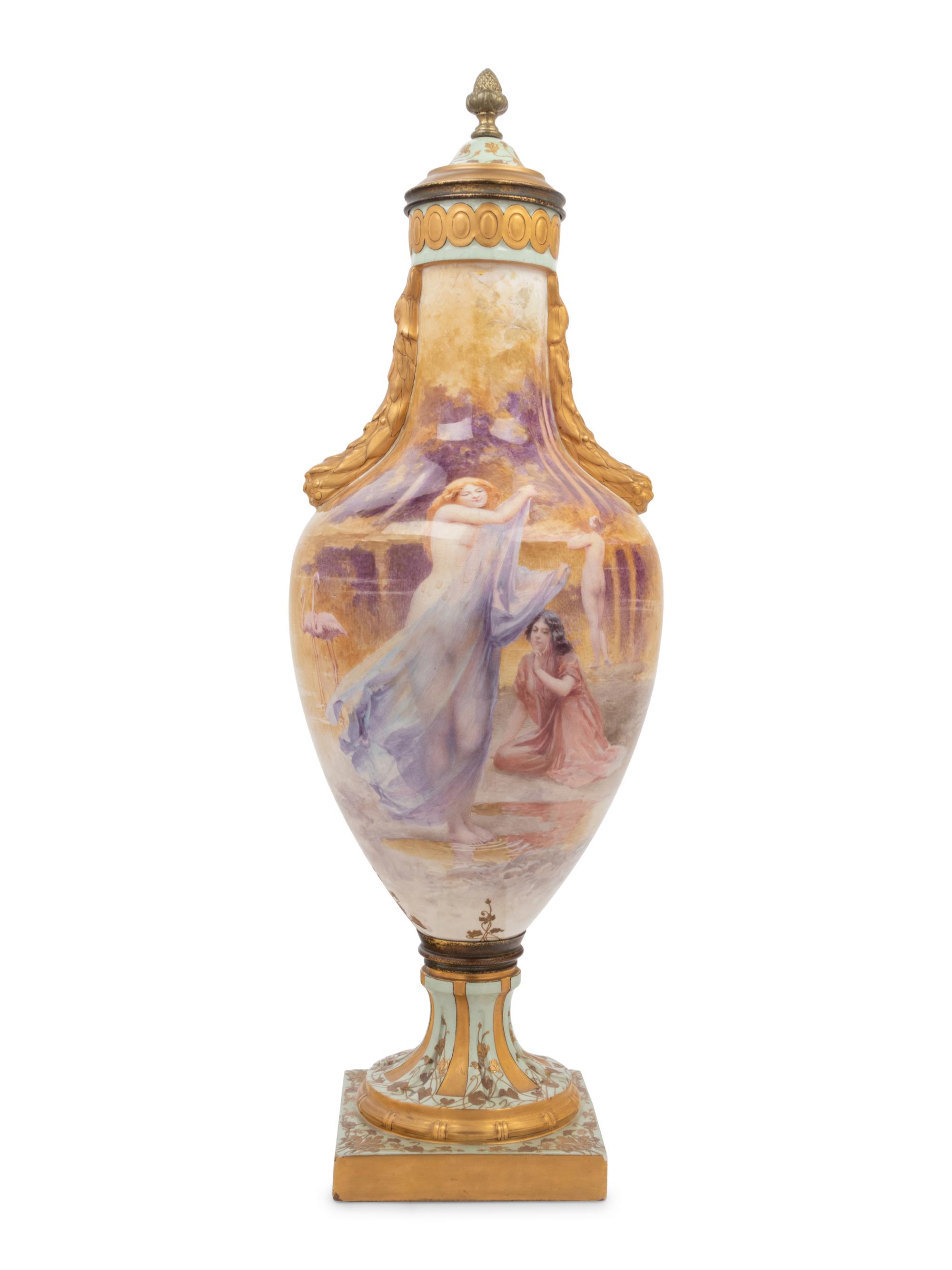 A French Painted and Parcel Gilt Porcelain Urn