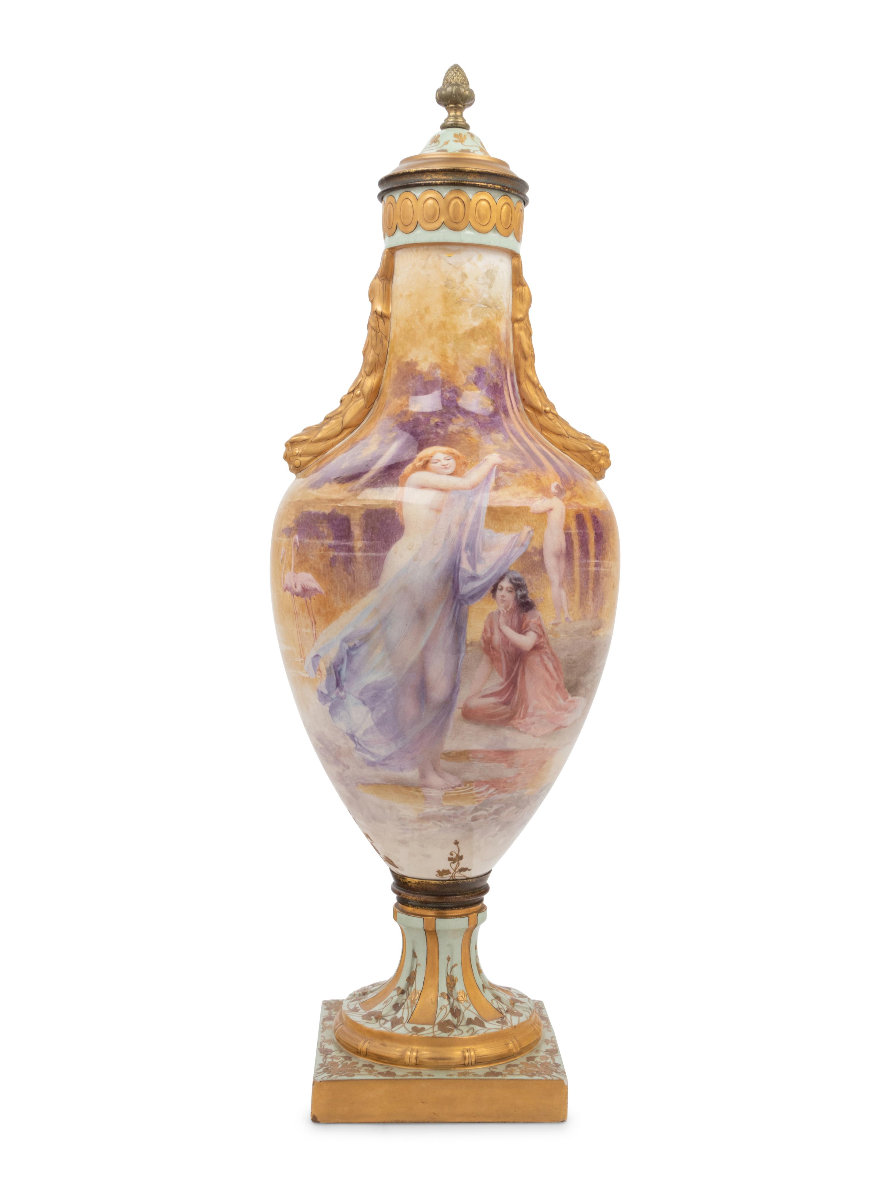 A French Painted and Parcel Gilt Porcelain Urn