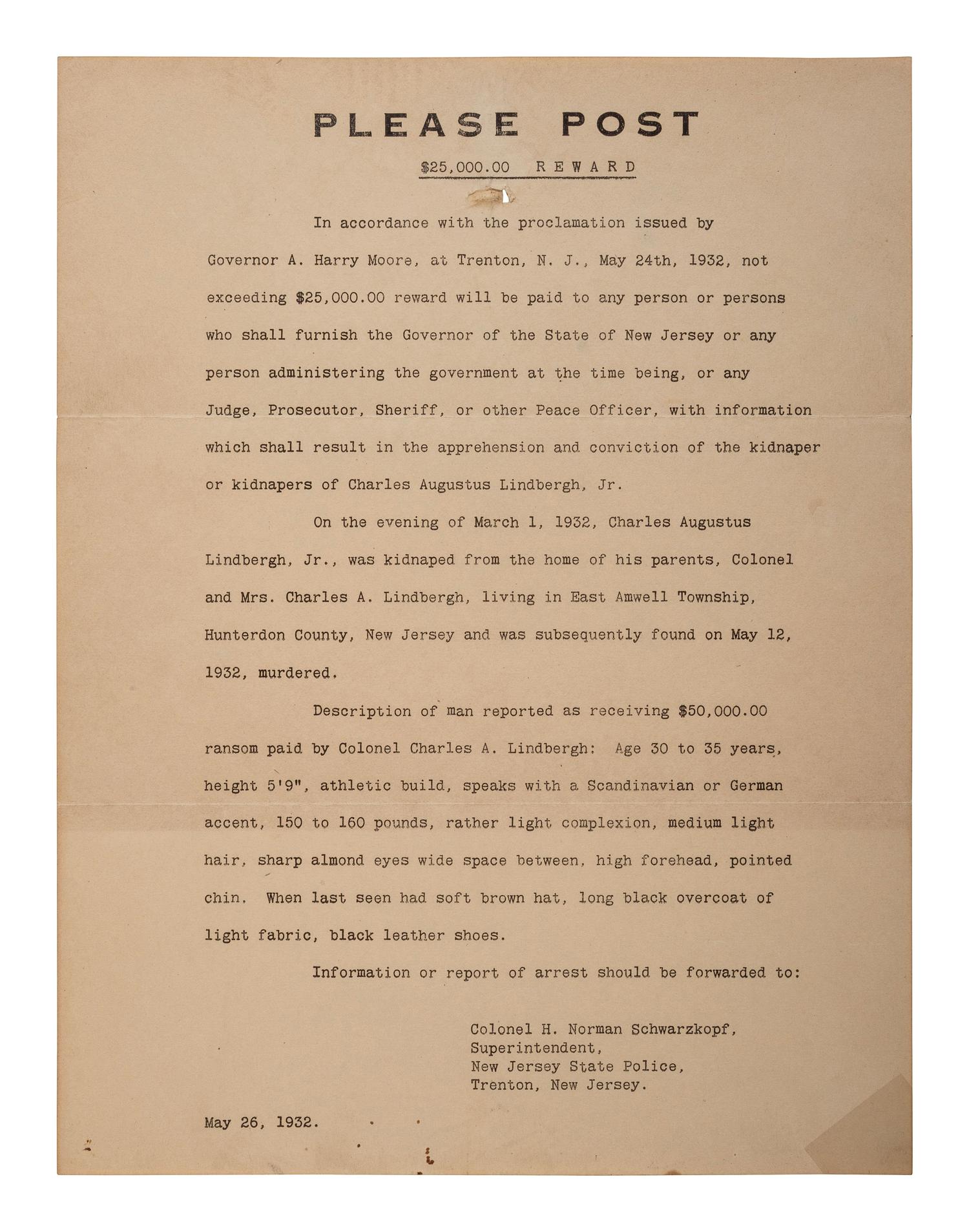 [LINDBERGH, Charles. A. (1902-1974)]. Please Post. $25,000 Reward. 26 May 1932.