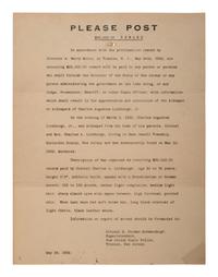 [LINDBERGH, Charles. A. (1902-1974)]. Please Post. $25,000 Reward. 26 May 1932.