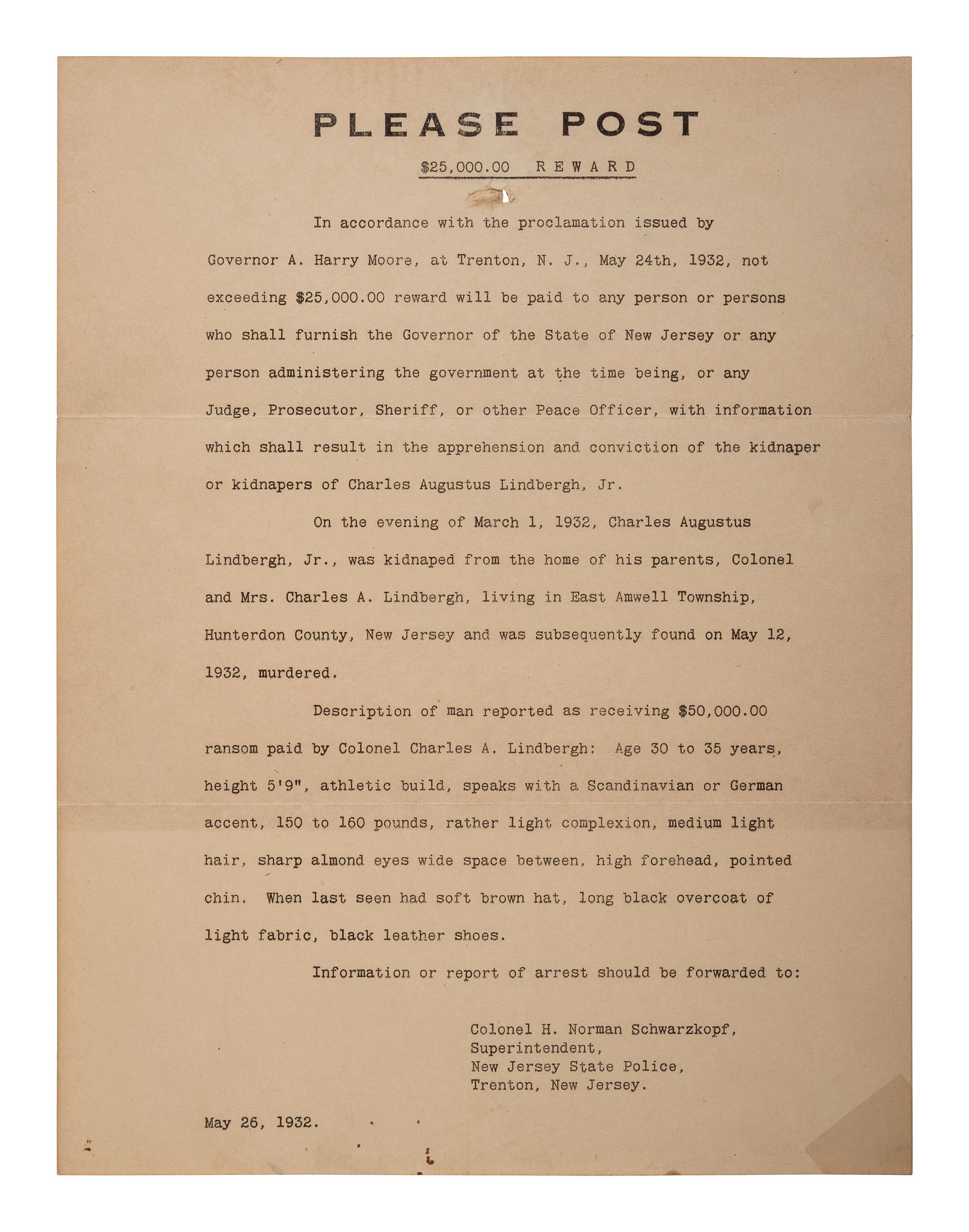 [LINDBERGH, Charles. A. (1902-1974)]. Please Post. $25,000 Reward. 26 May 1932.