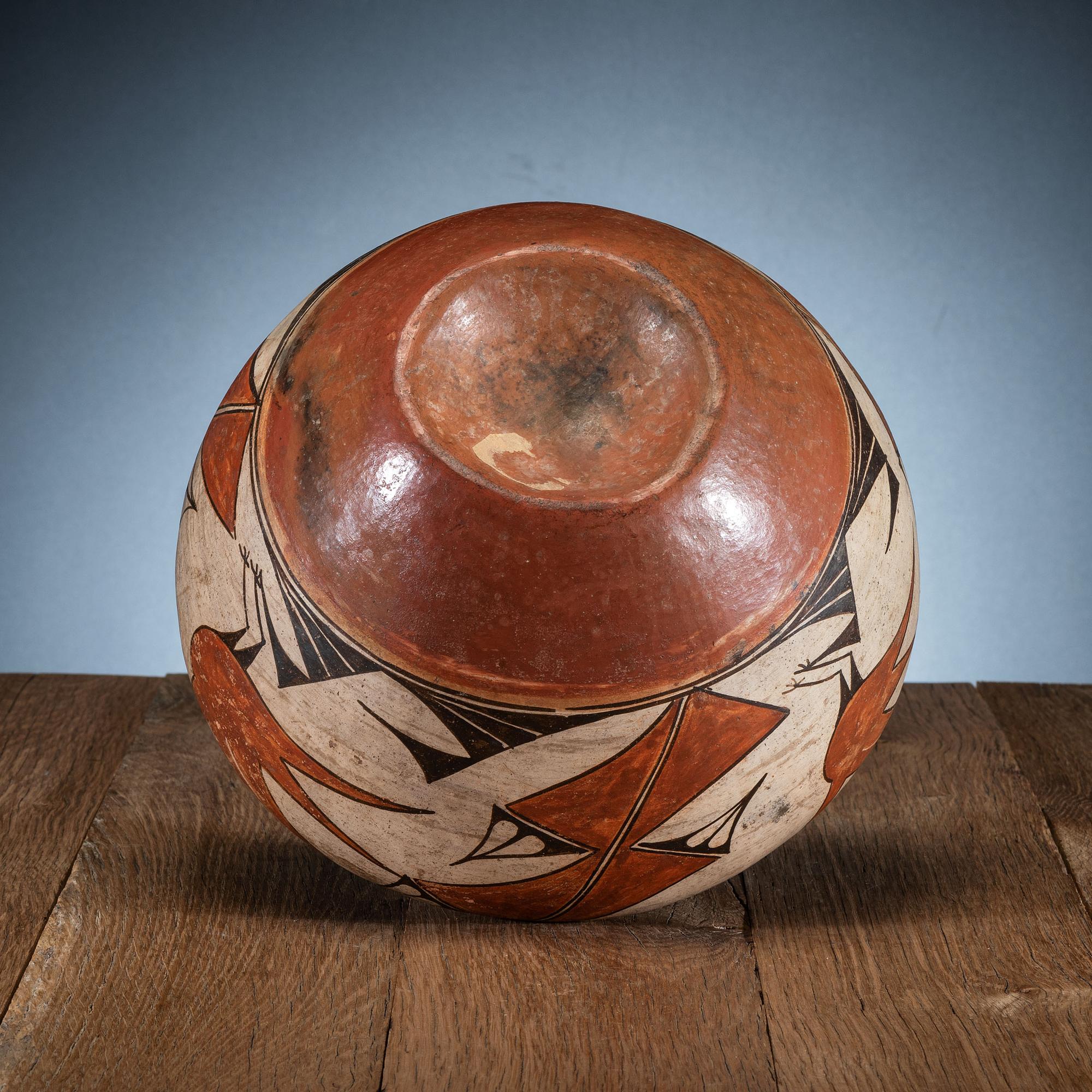 Zia Polychrome Pottery Bowl, with Three Zia Birds