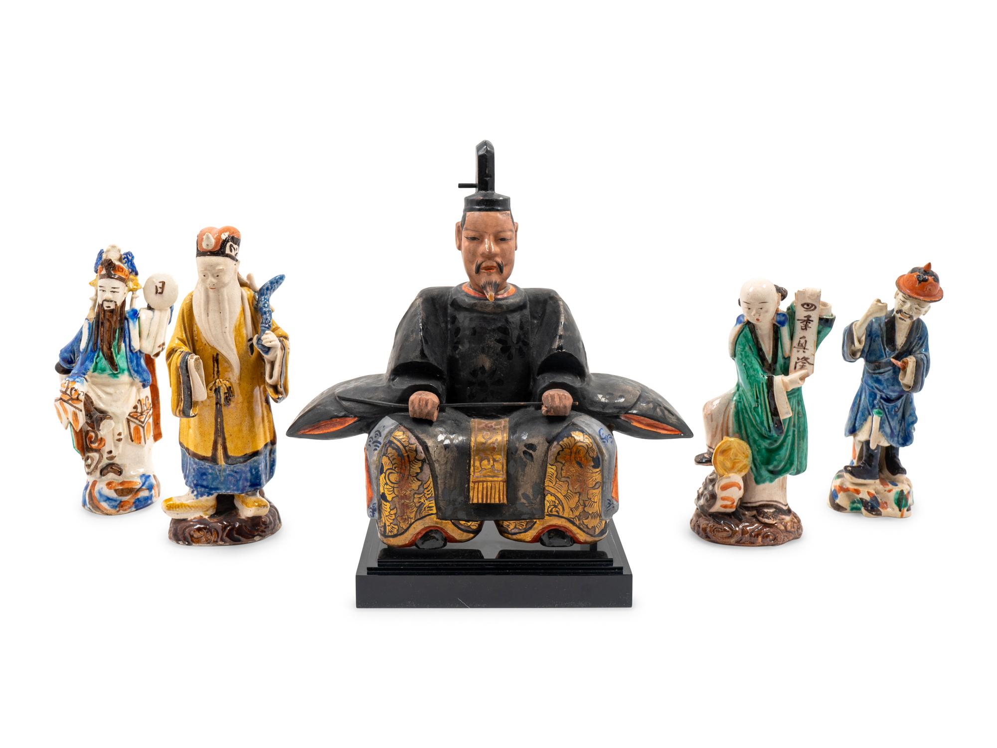 A Japanese Polychromed Wood Figure and Four Chinese Ceramic Figures — 20TH CENTURY