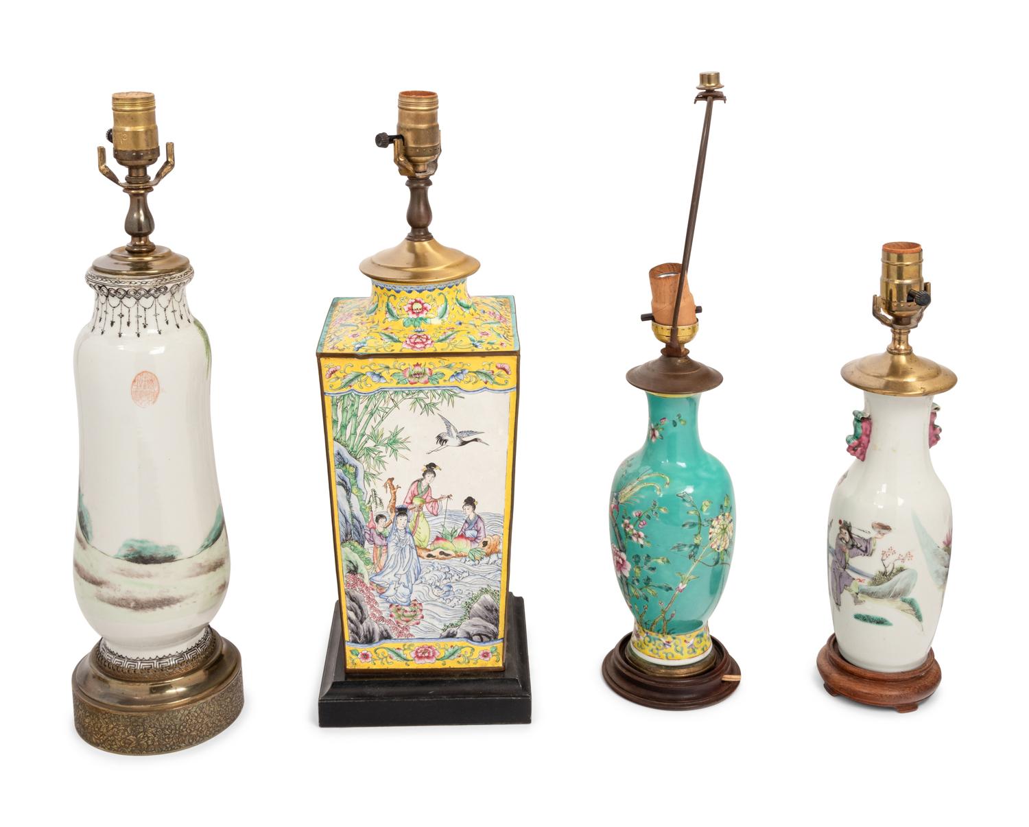 Three Chinese Famille Rose Porcelain Vases and A Chinese Painted Canton Enamel on Copper Vase