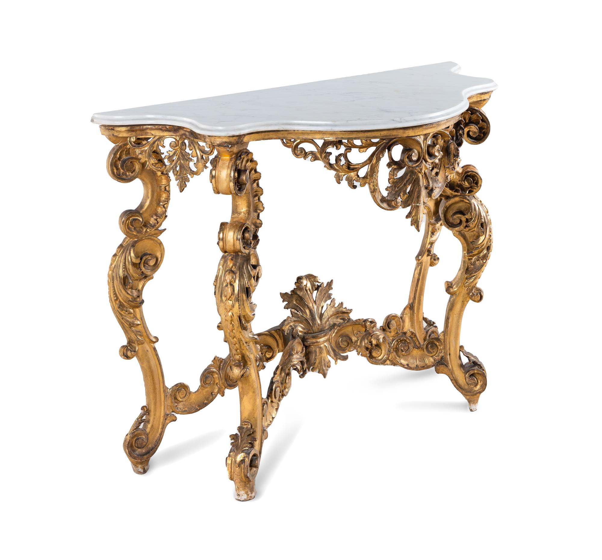 An Italian Rococo Giltwood Marble-Top Console Table