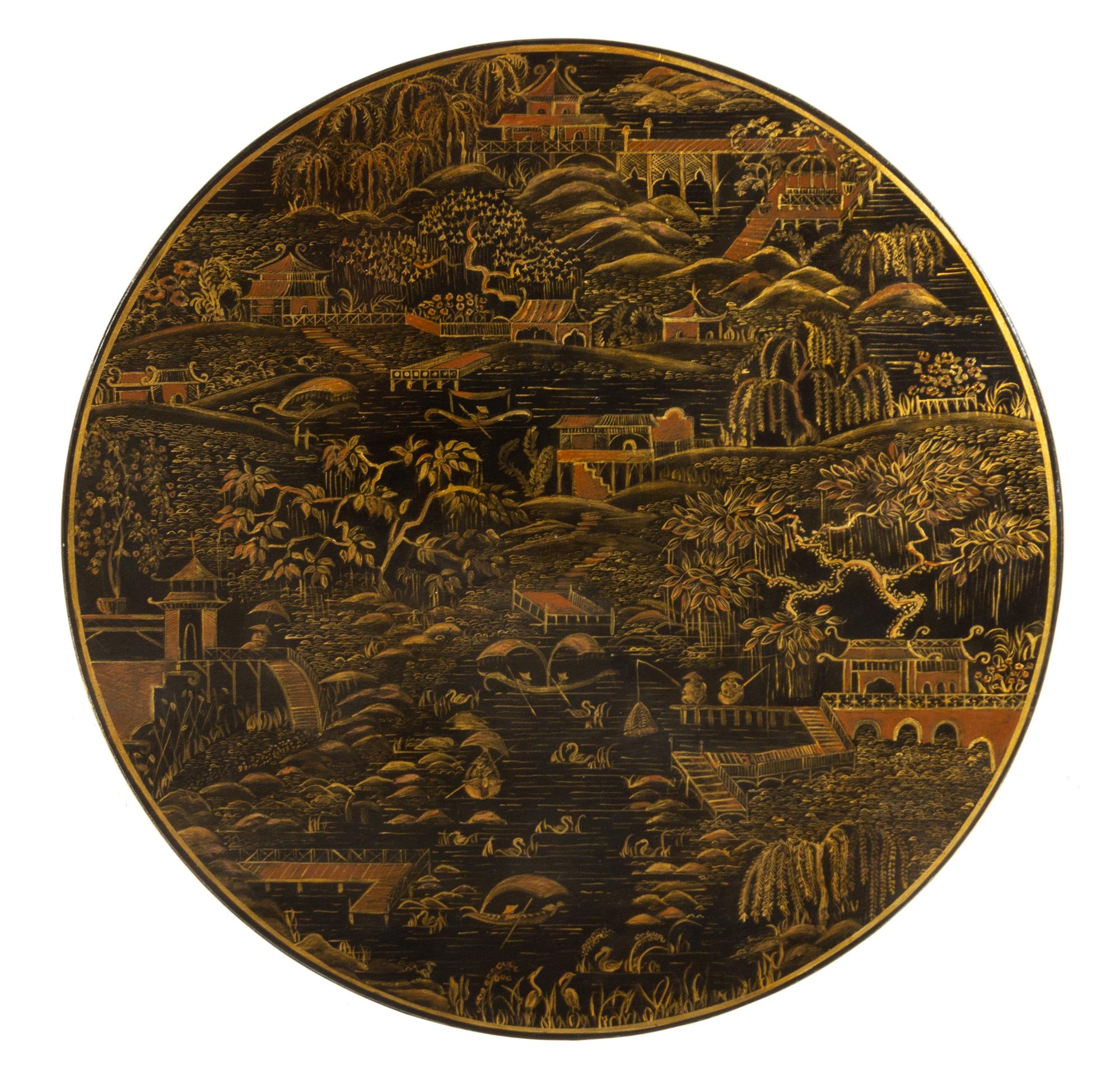 A Neoclassical Style Gilt Bronze and Lacquered Side Table Height 37 x diameter of top 26 1/2 inches. — 20TH CENTURY