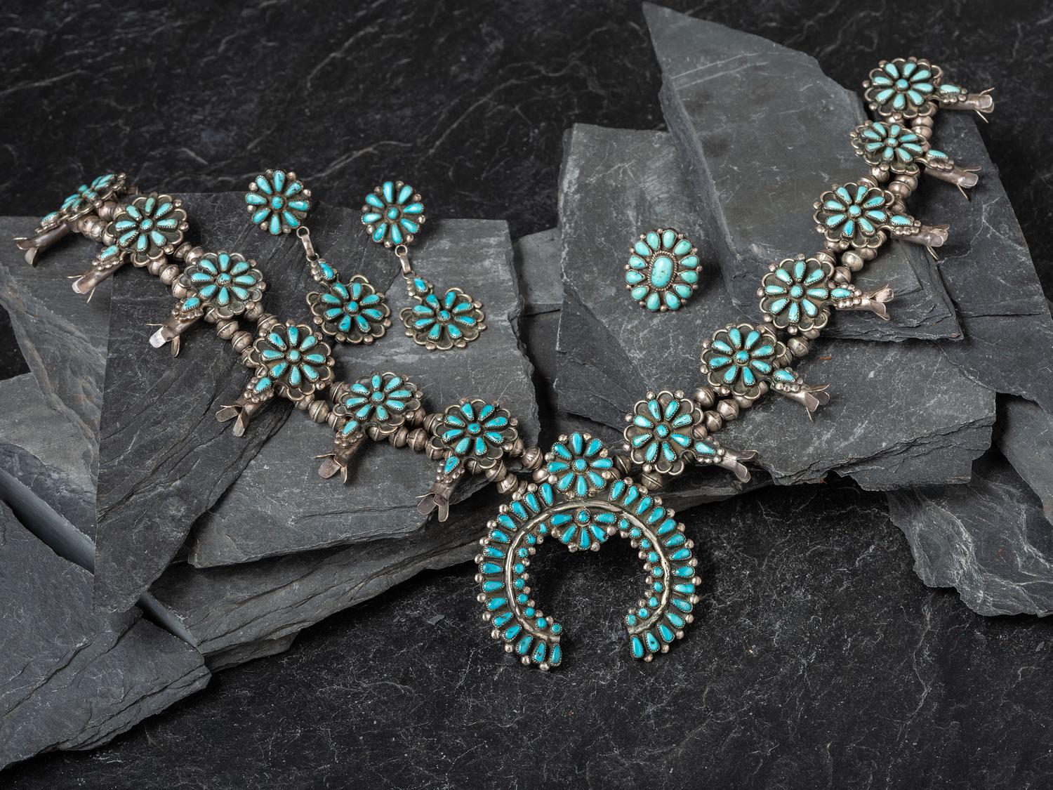 Silver and Turquoise Cluster Squash Blossom Necklace Suite