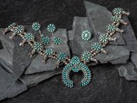 Silver and Turquoise Cluster Squash Blossom Necklace Suite