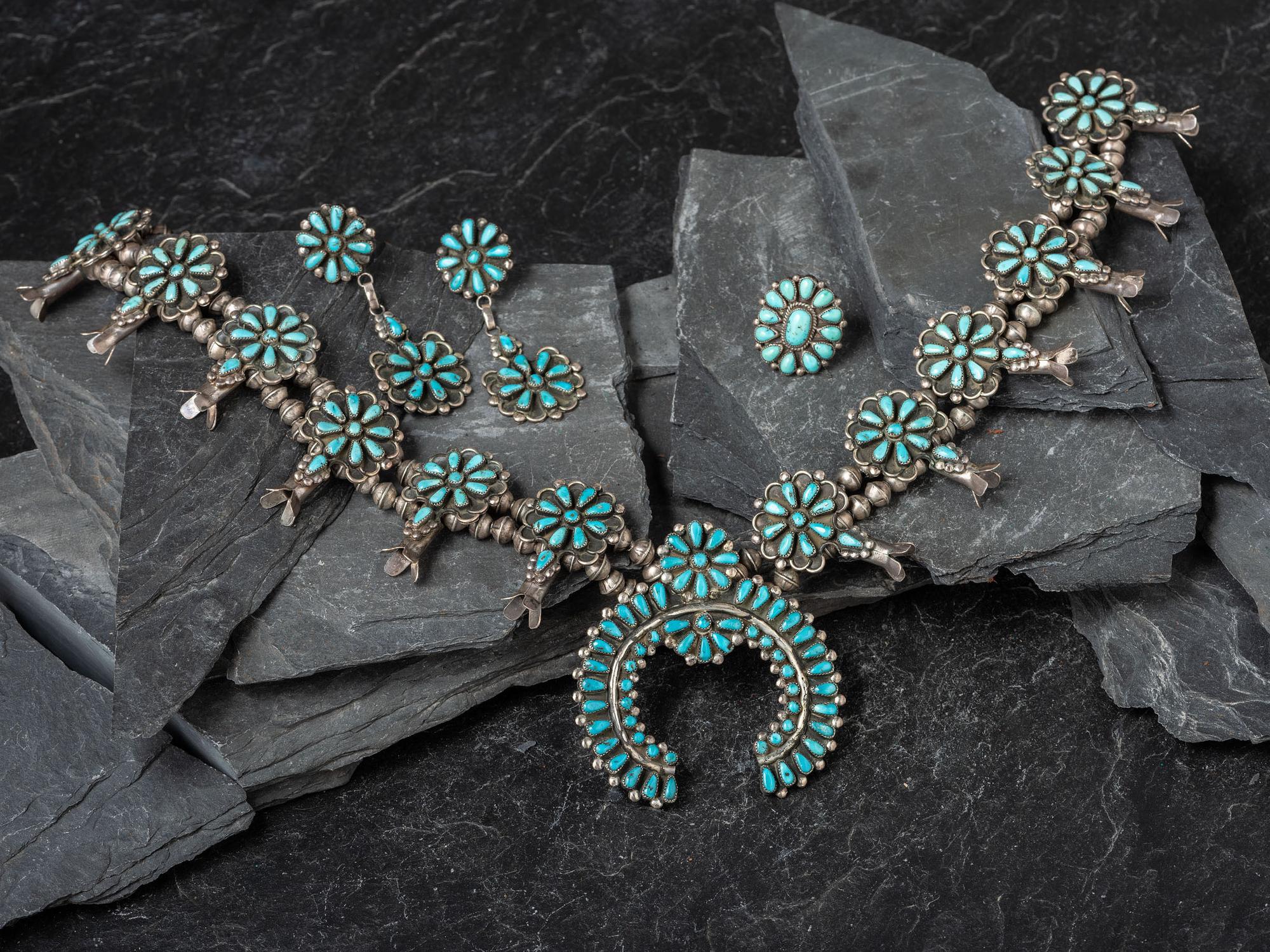Silver and Turquoise Cluster Squash Blossom Necklace Suite
