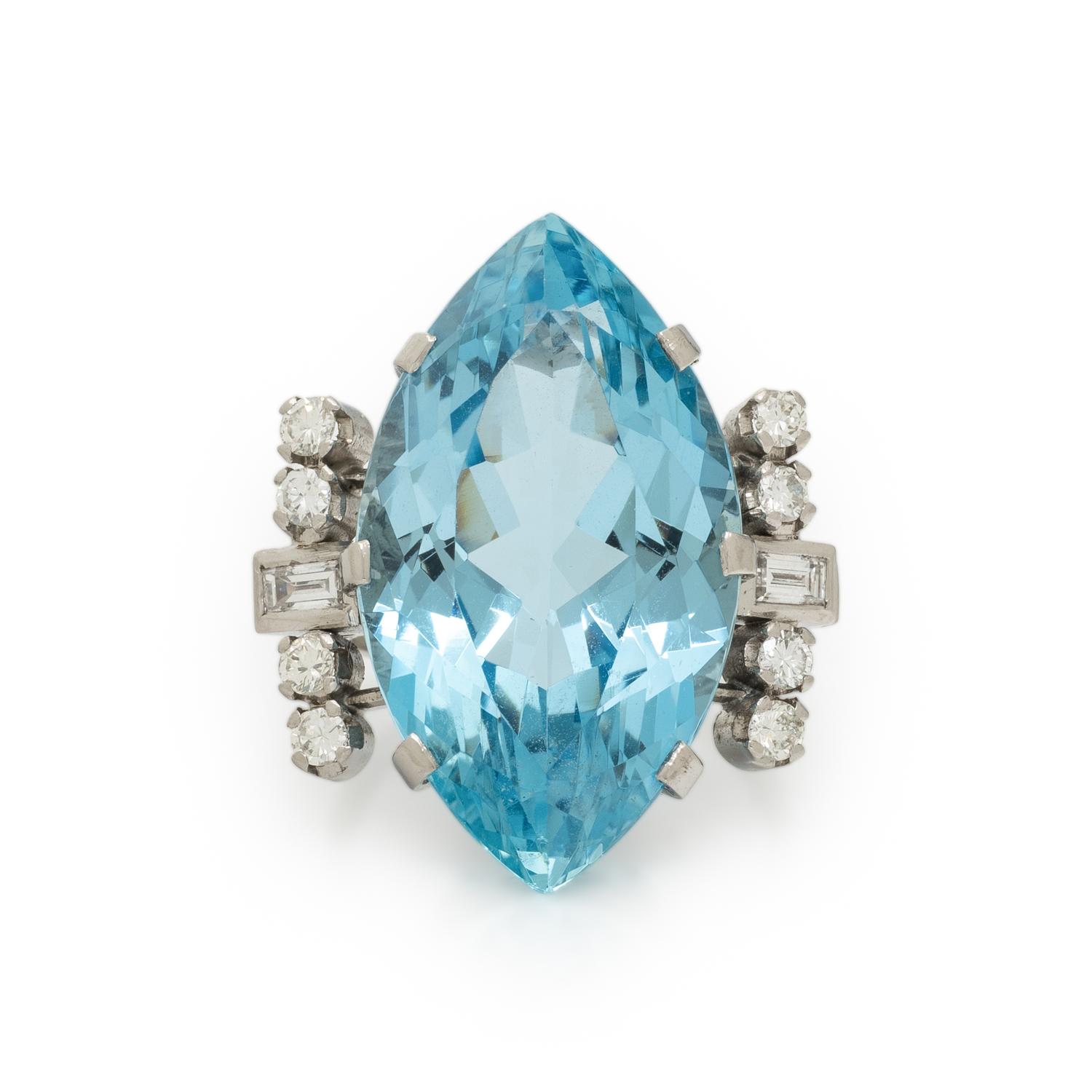 AQUAMARINE, DIAMOND, AND PLATINUM RING