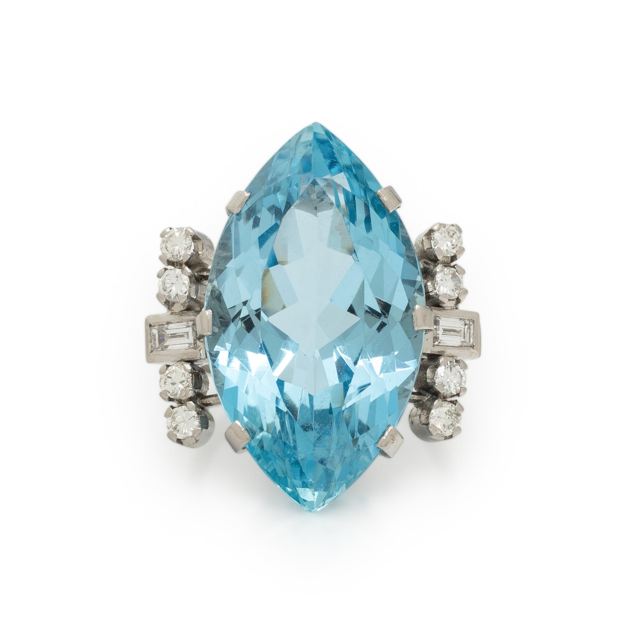 AQUAMARINE, DIAMOND, AND PLATINUM RING
