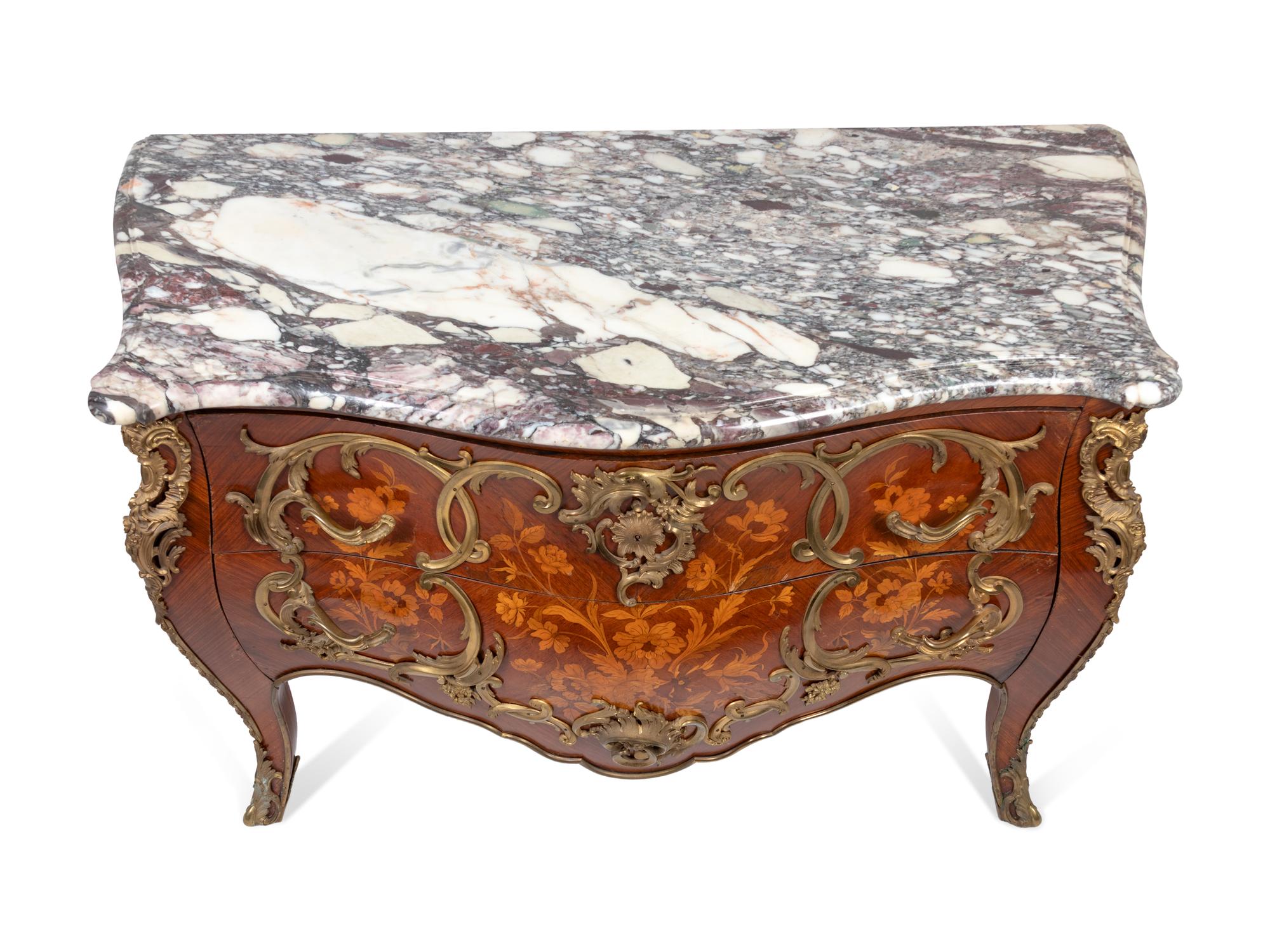 A Louis XV Style Gilt-Bronze-Mounted Marquetry Bombe Commode