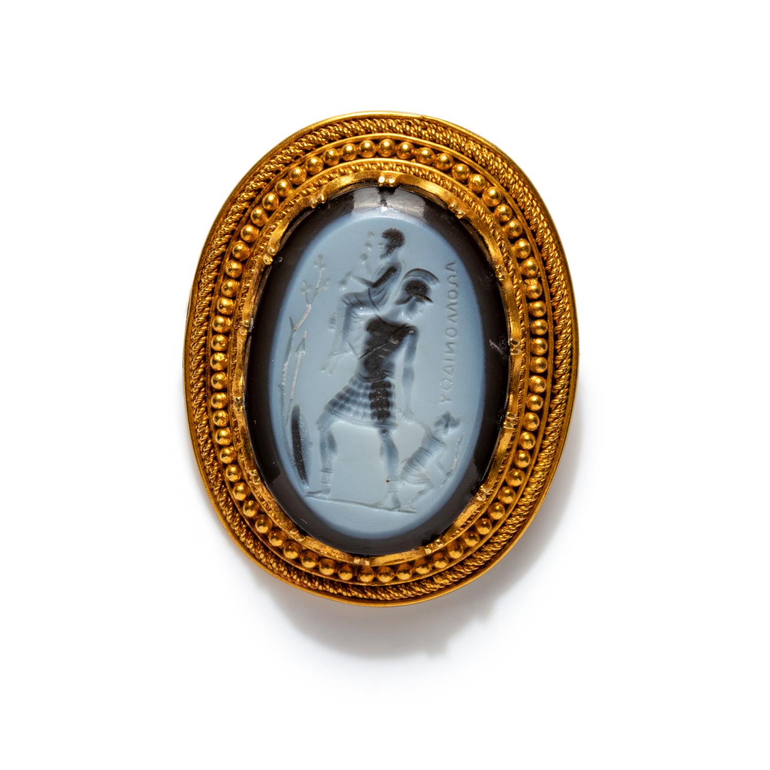 A Neoclassical Gold and Nicolo Brooch with the Family of Aeneas Quitting Troy — 14k stamp on clasp, signed ΑΠΟΛΛΟΝΙΔΟΥ