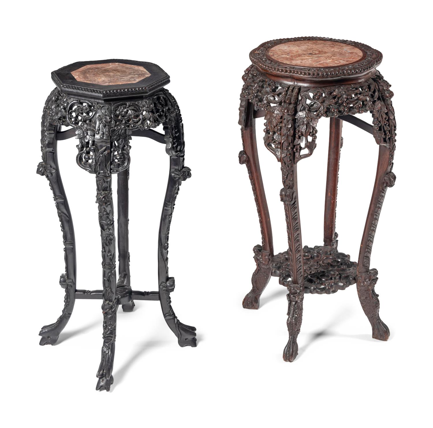 Two Chinese Carved Hardwood Marble-Inset Pedestals
