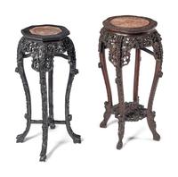 Two Chinese Carved Hardwood Marble-Inset Pedestals