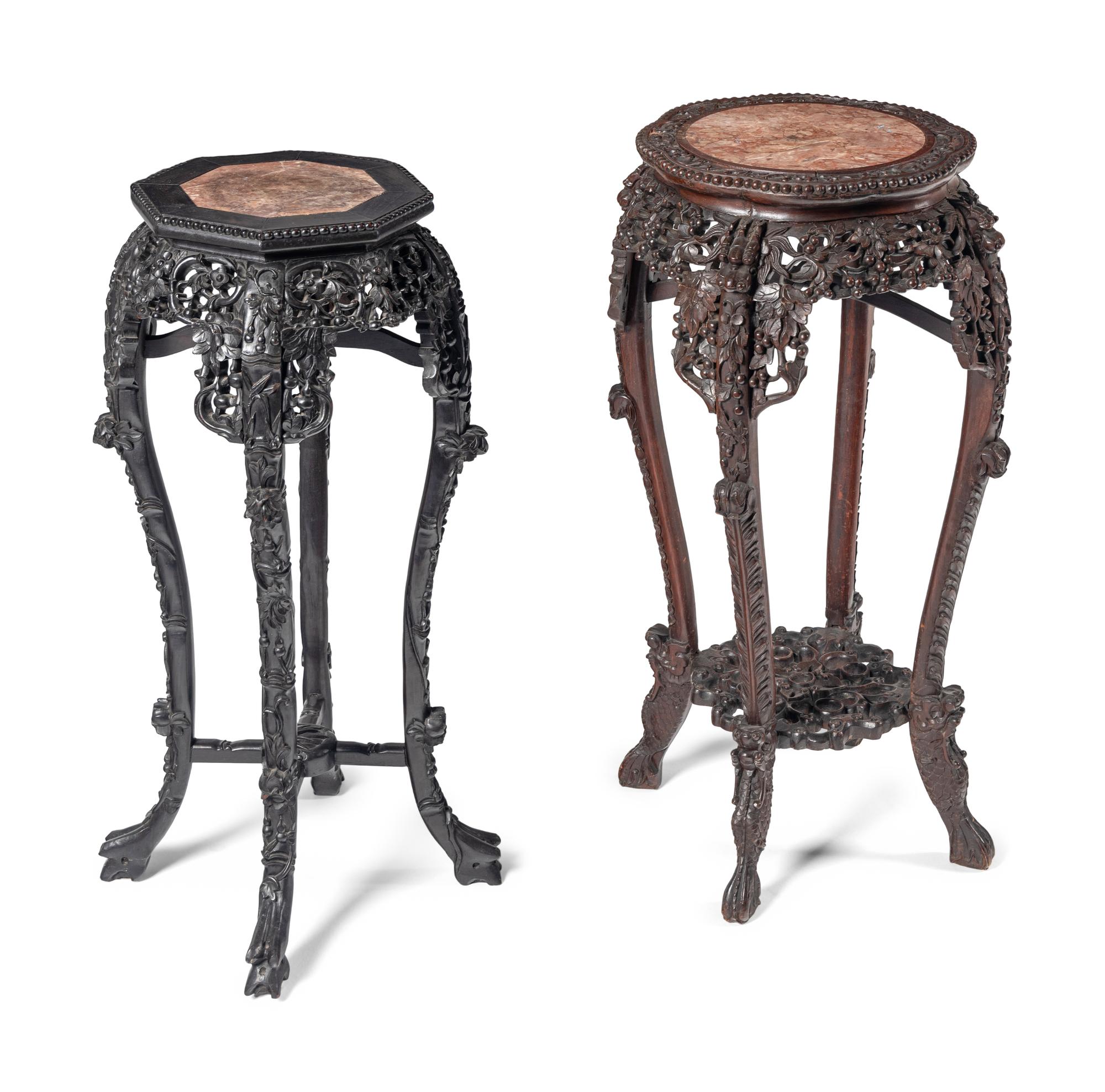 Two Chinese Carved Hardwood Marble-Inset Pedestals