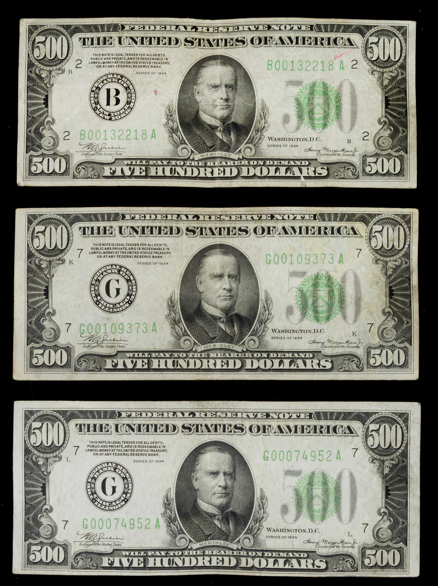 A Collection of Three United States 1934 $500 Federal Reserve Notes