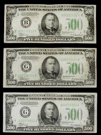 A Collection of Three United States 1934 $500 Federal Reserve Notes