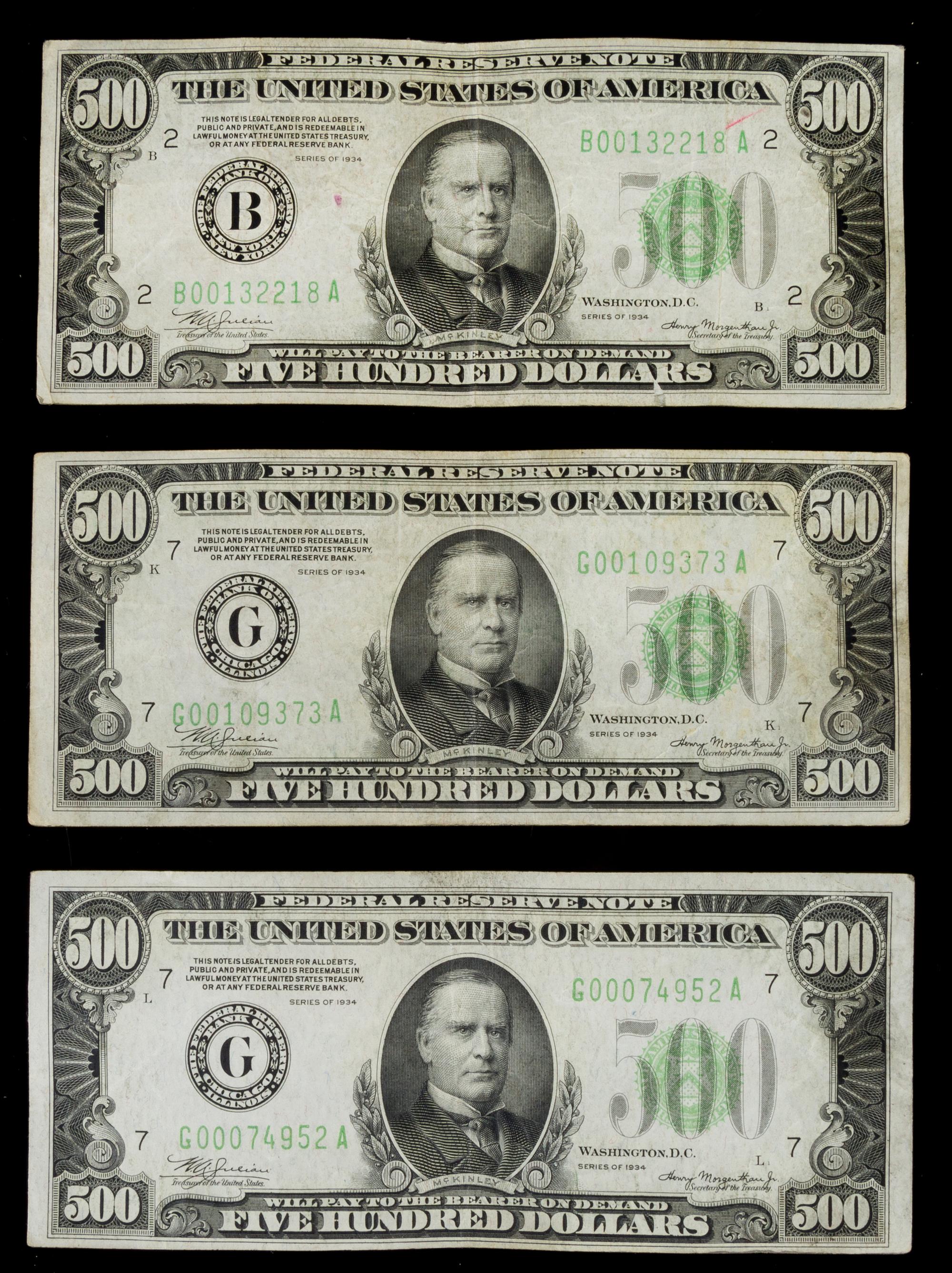 A Collection of Three United States 1934 $500 Federal Reserve Notes