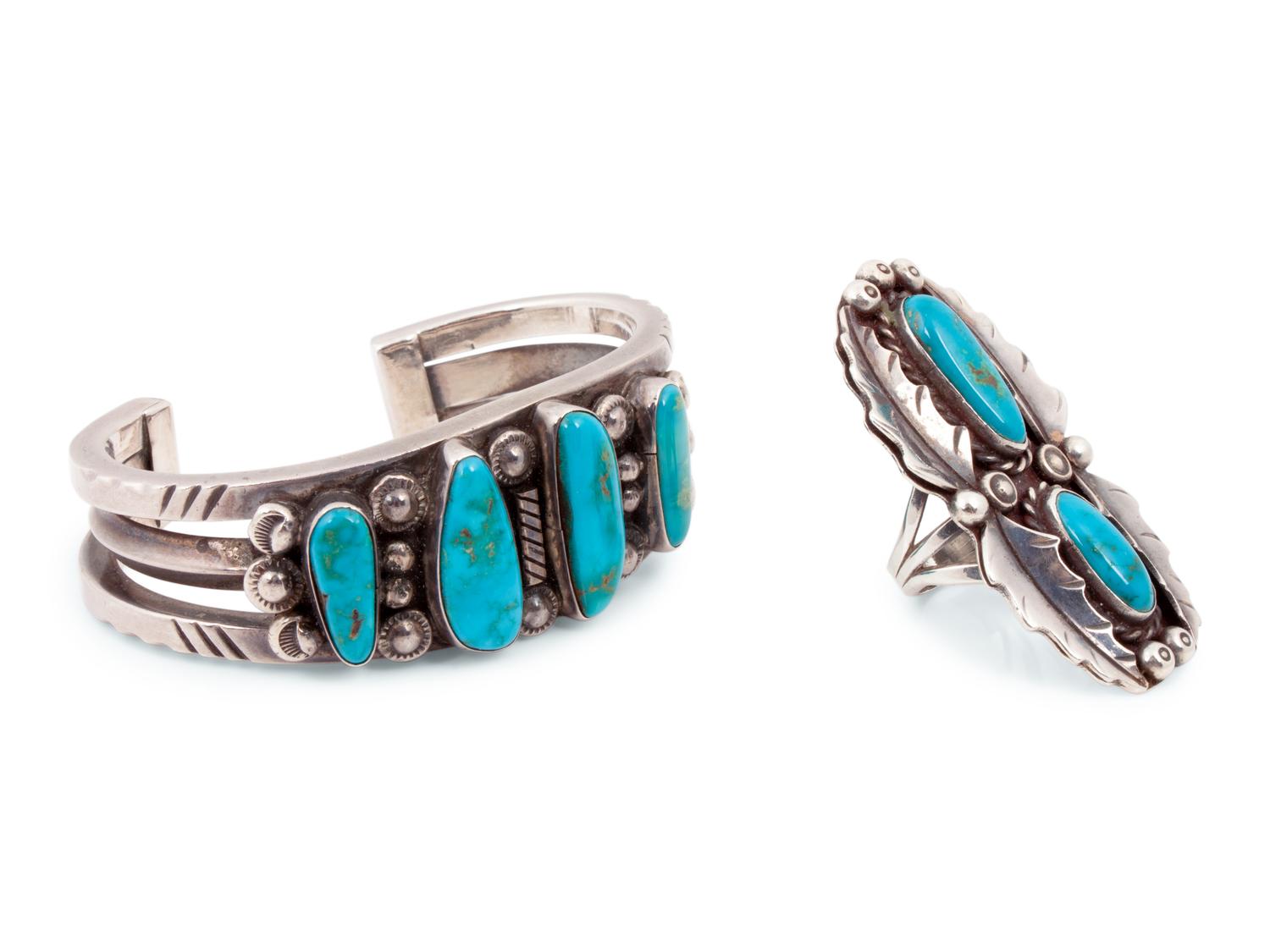 Navajo Silver and Turquoise Cuff Bracelet and Ring