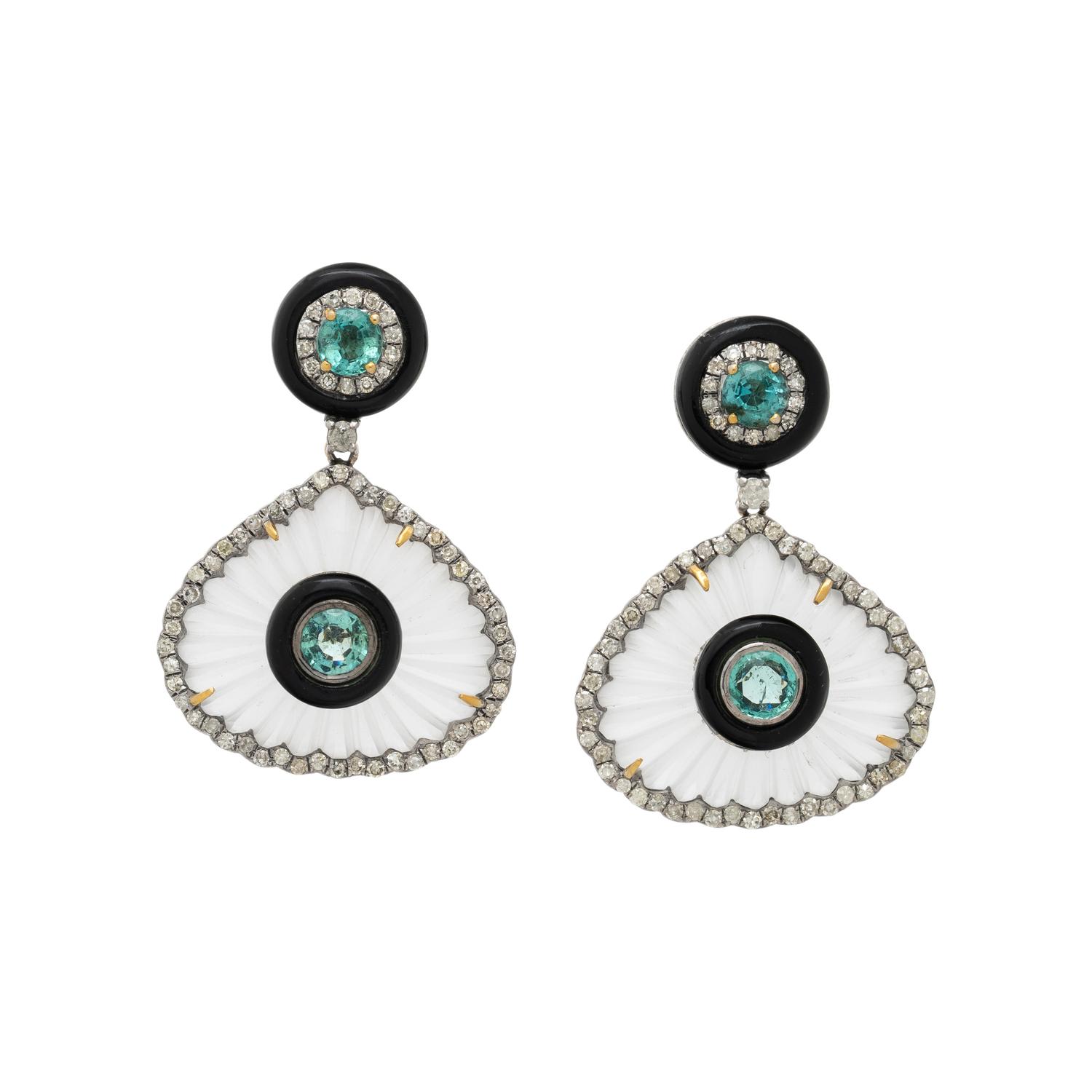 EMERALD, DIAMOND, ROCK CRYSTAL, AND BLACK ONYX EARRINGS