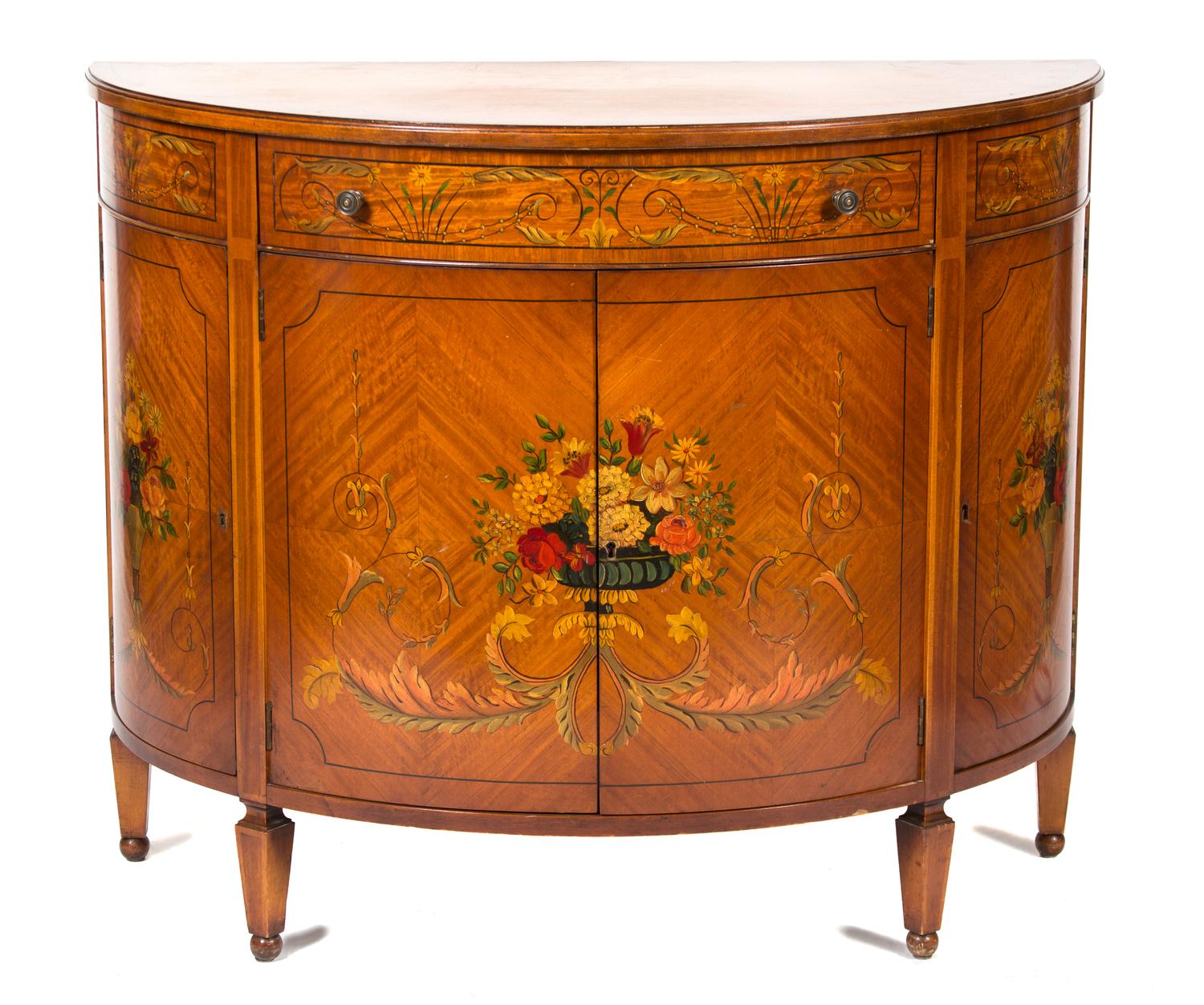 An Edwardian Painted Satinwood Demilune Side Cabinet Height 36 1/4 x width 44 x depth 20 1/4 inches. — LATE 19TH CENTURY