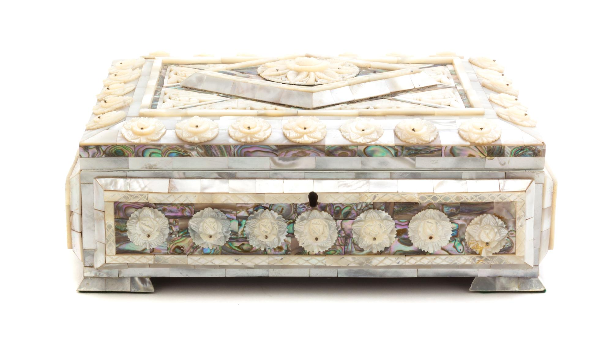 A Mother-of-Pearl Veneered Table Casket, Width 11 1/4 inches.